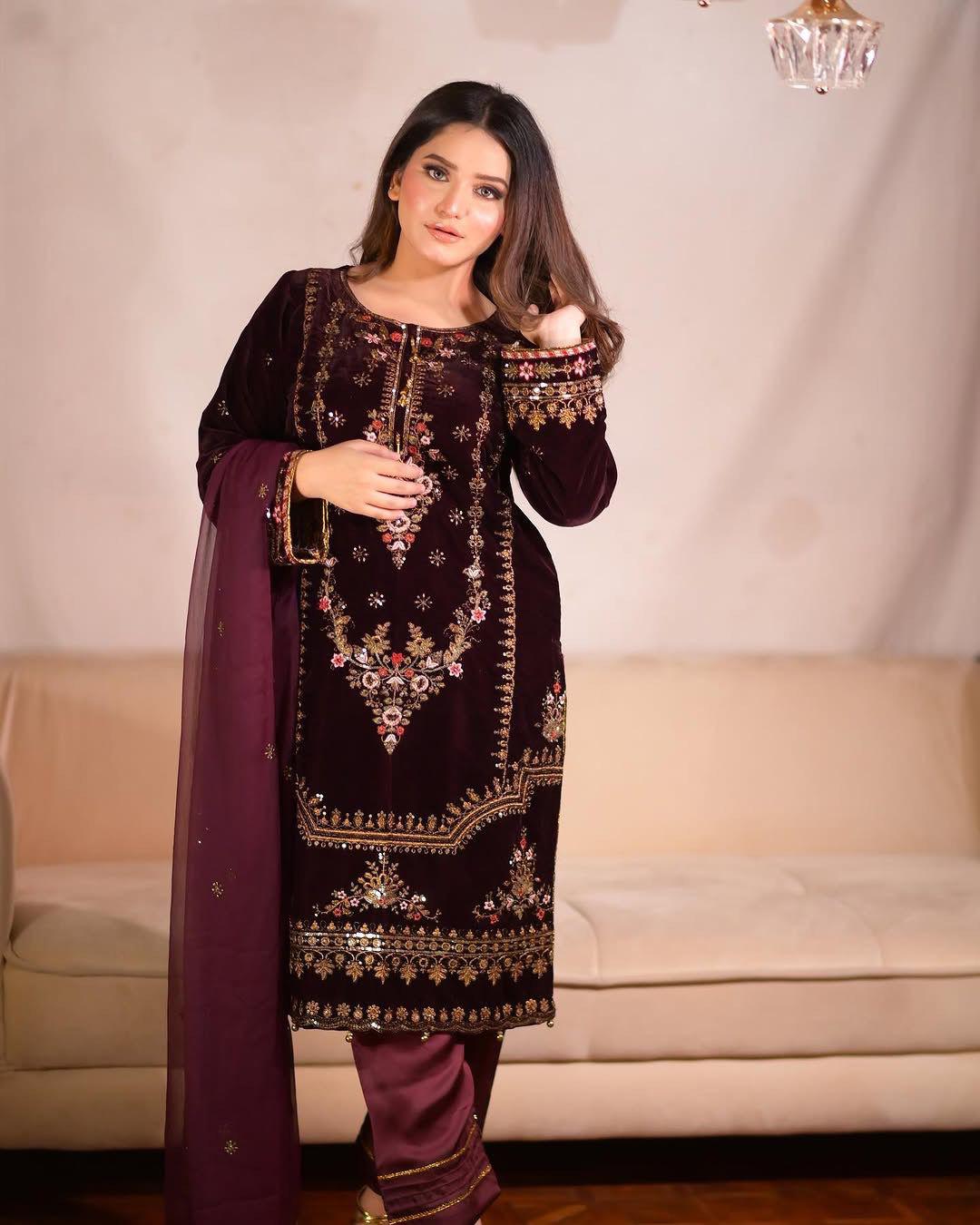 Function Wear Wine Color Velvet Pant Suit With Dupatta