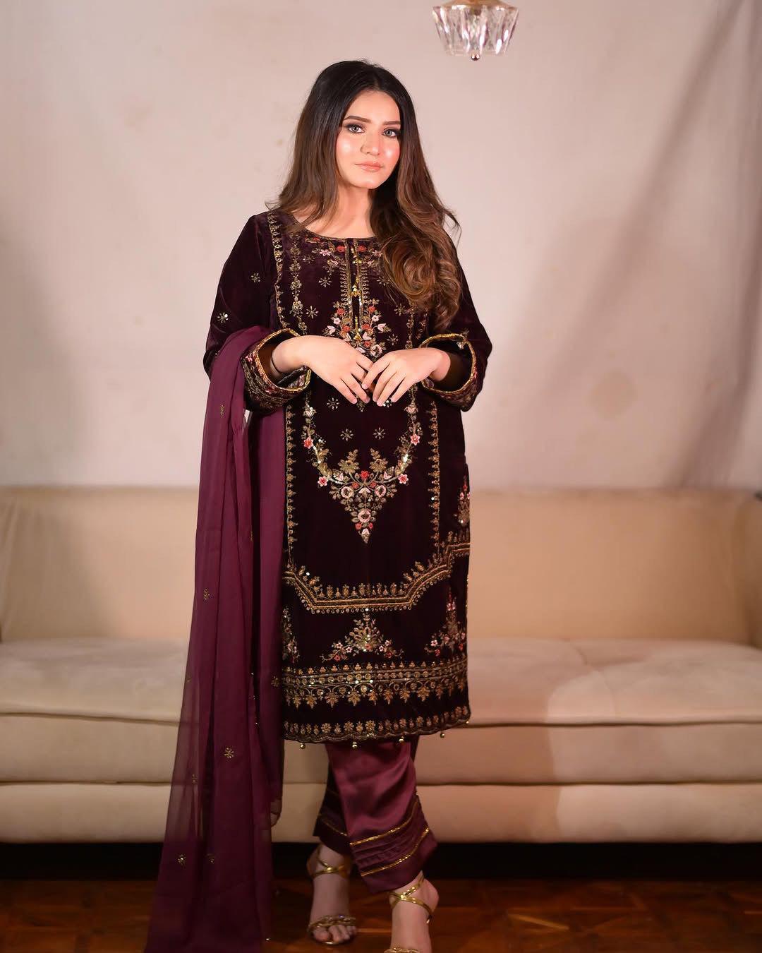 Function Wear Wine Color Velvet Pant Suit With Dupatta