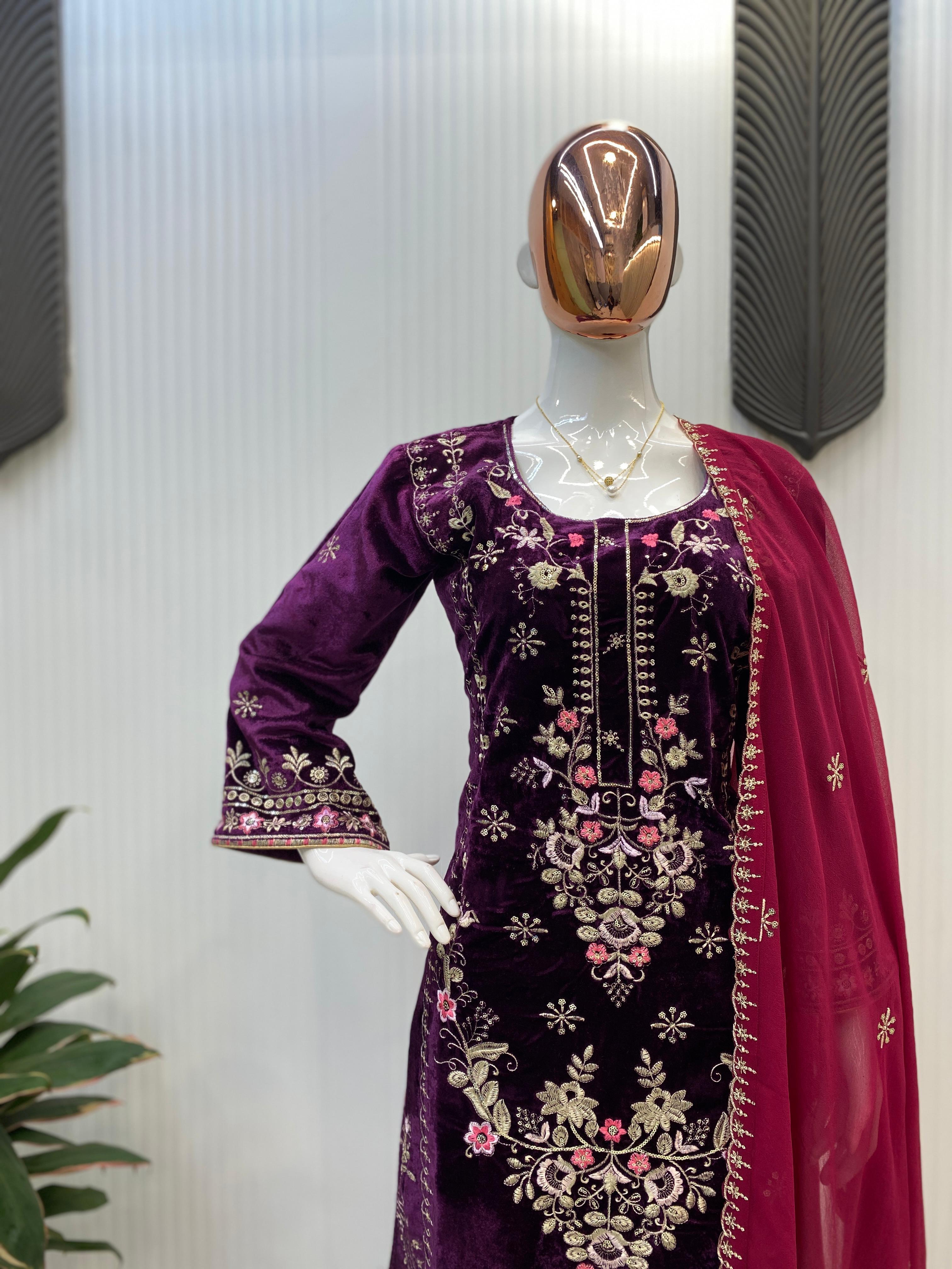 Function Wear Wine Color Velvet Pant Suit With Dupatta