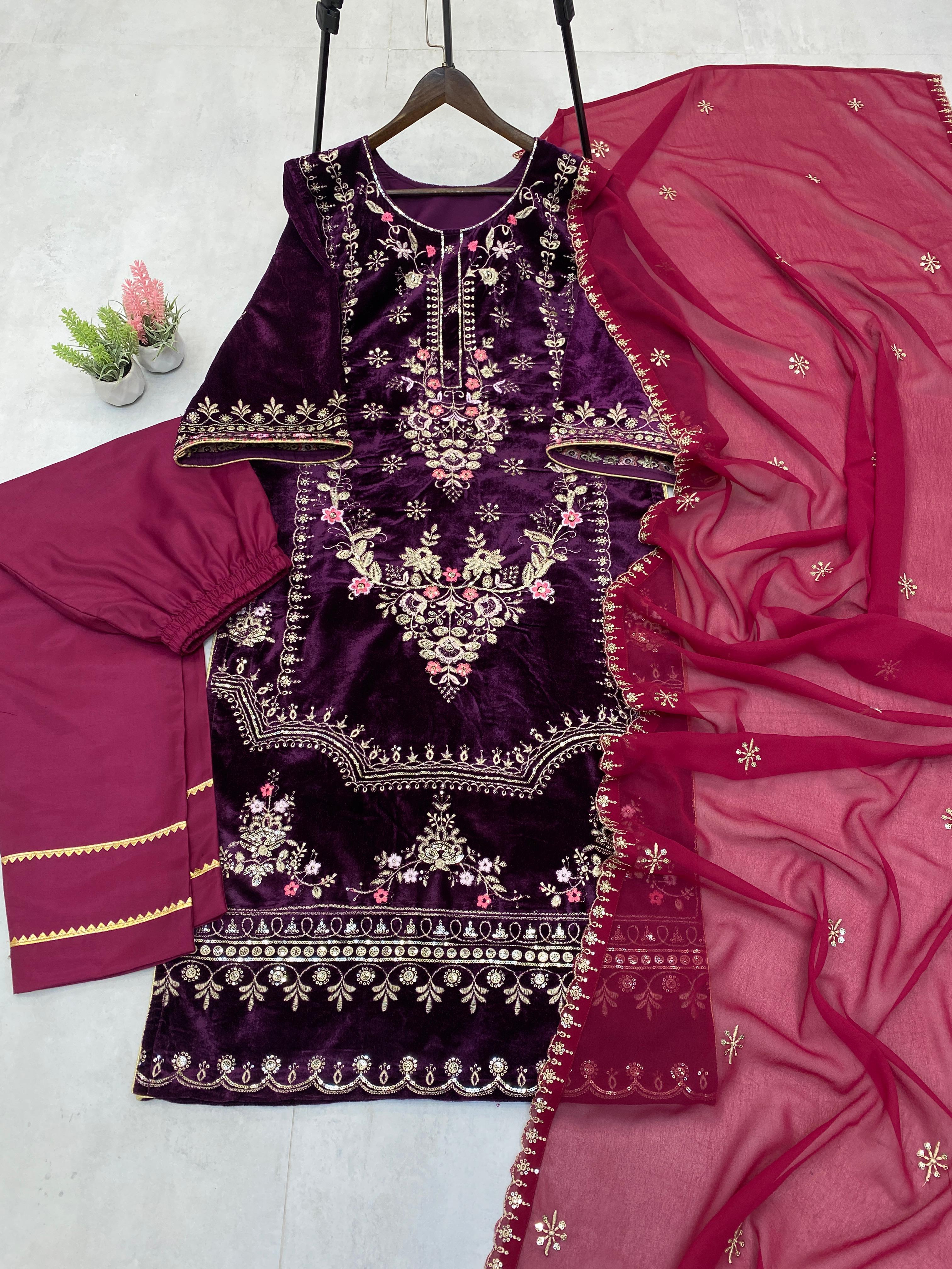 Function Wear Wine Color Velvet Pant Suit With Dupatta