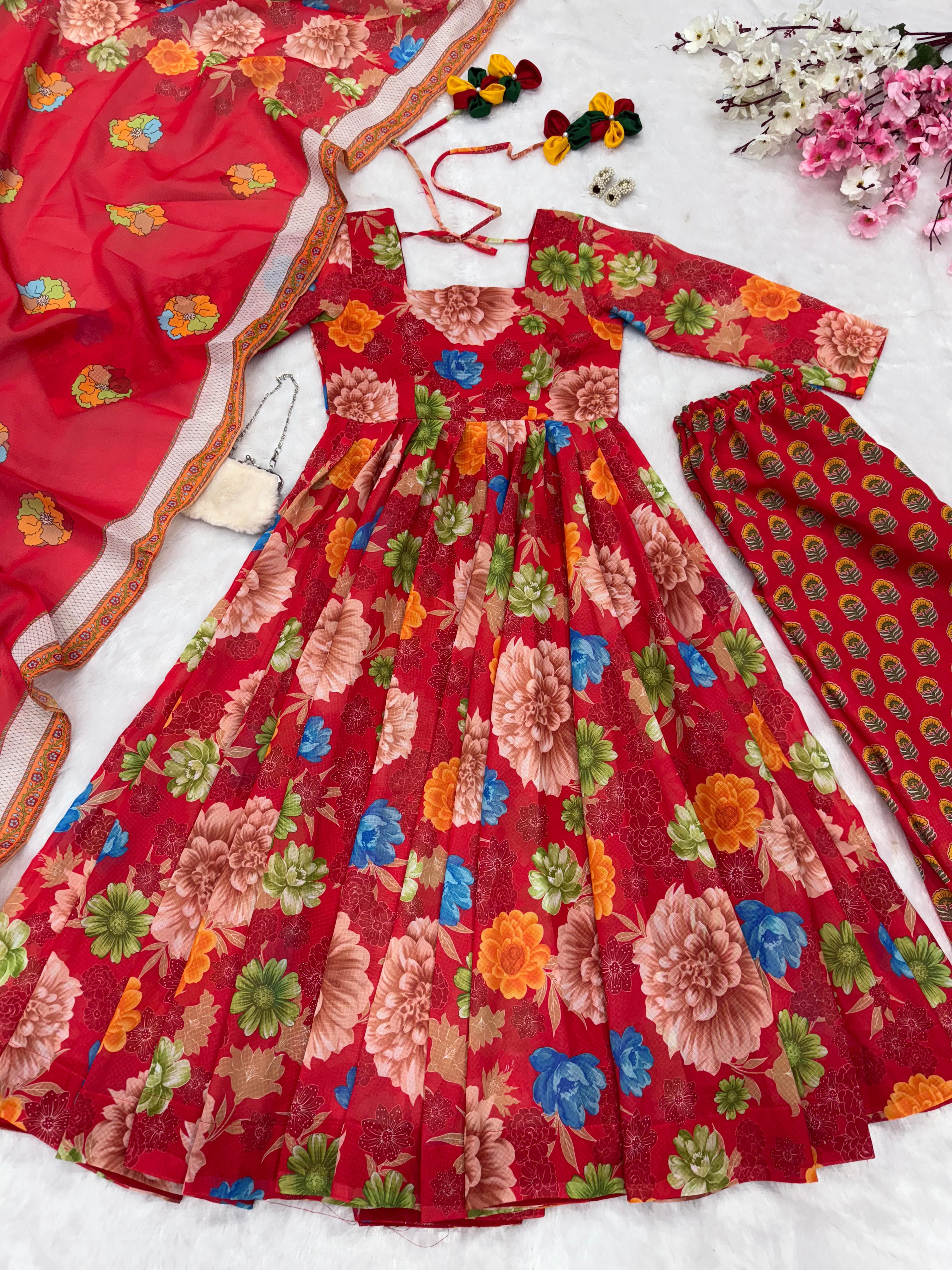 Precious Chex Cotton Printed Red Color Gown With Dupatta