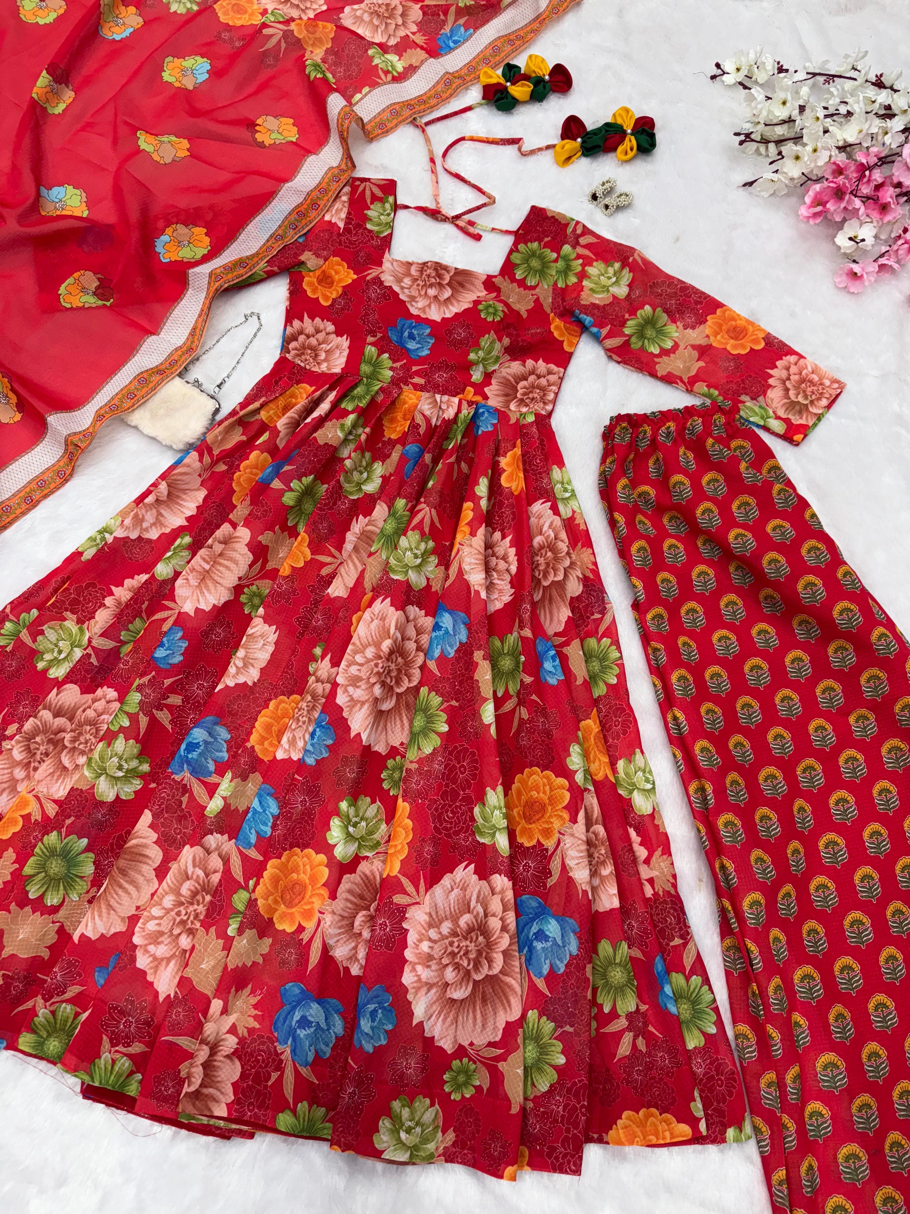 Precious Chex Cotton Printed Red Color Gown With Dupatta