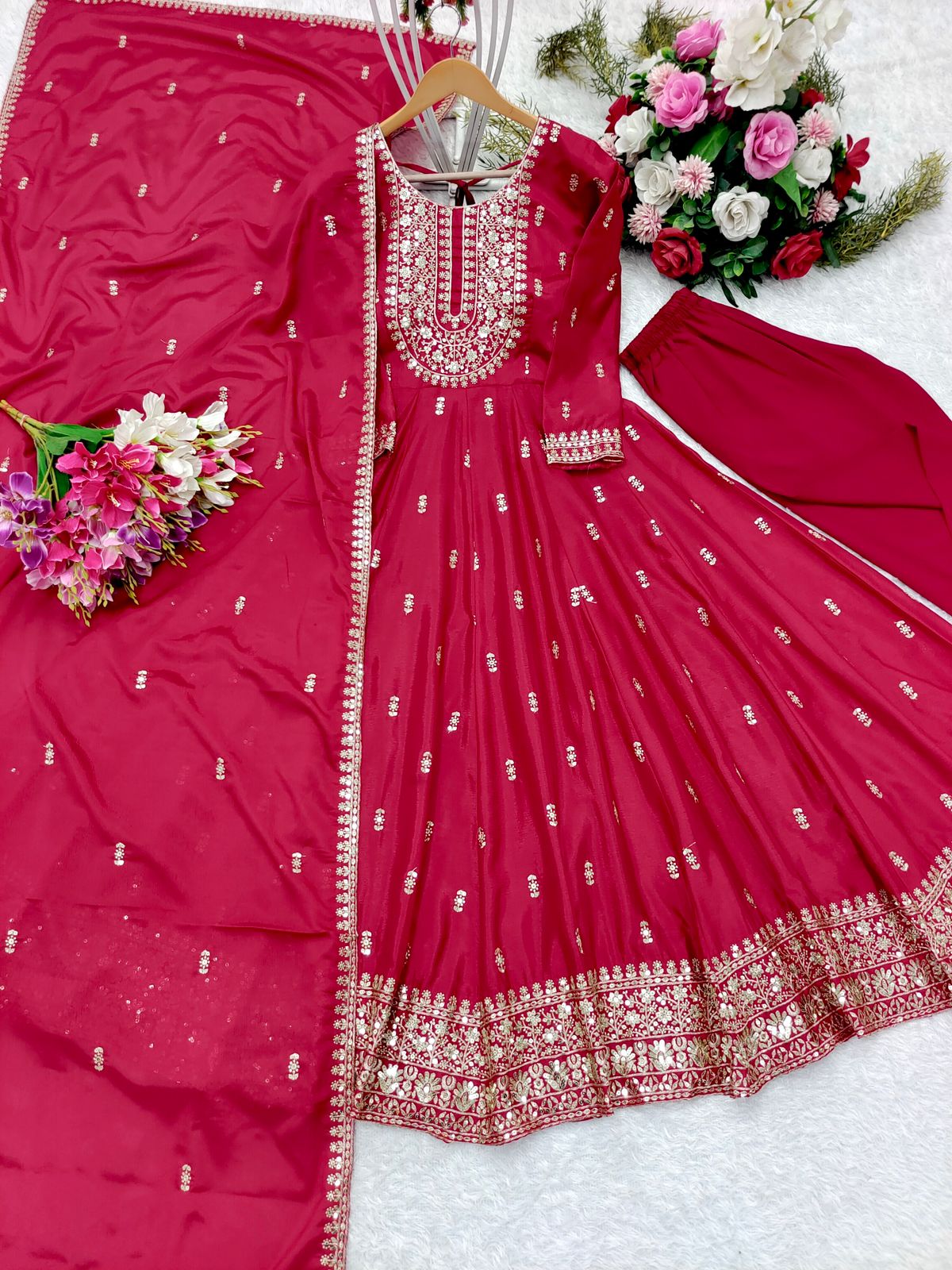 Traditional wear Sequence Work Red Color Anarkali Gown