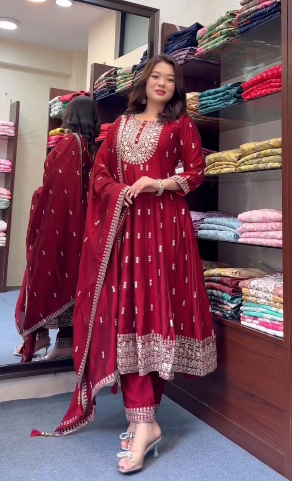 Traditional wear Sequence Work Red Color Anarkali Gown