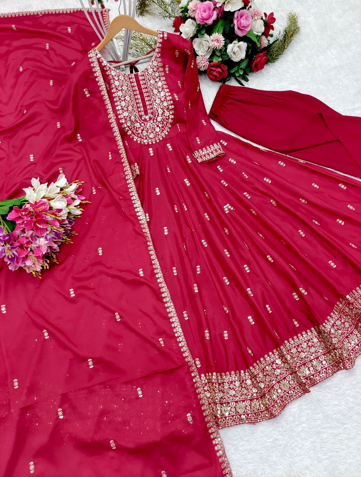 Traditional wear Sequence Work Red Color Anarkali Gown