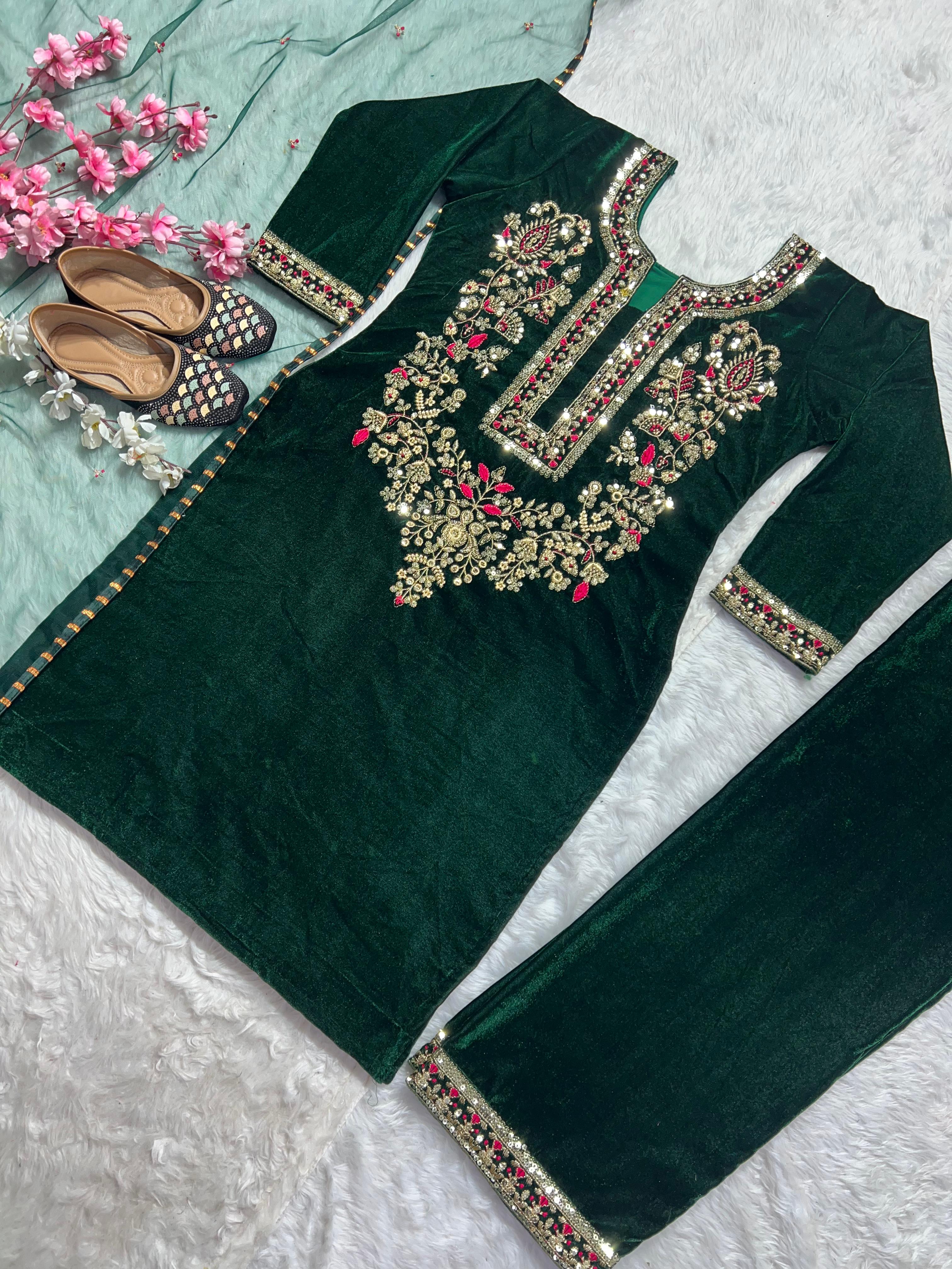 Occasion Wear Velvet Sequence Work Green Color Salwar Suit