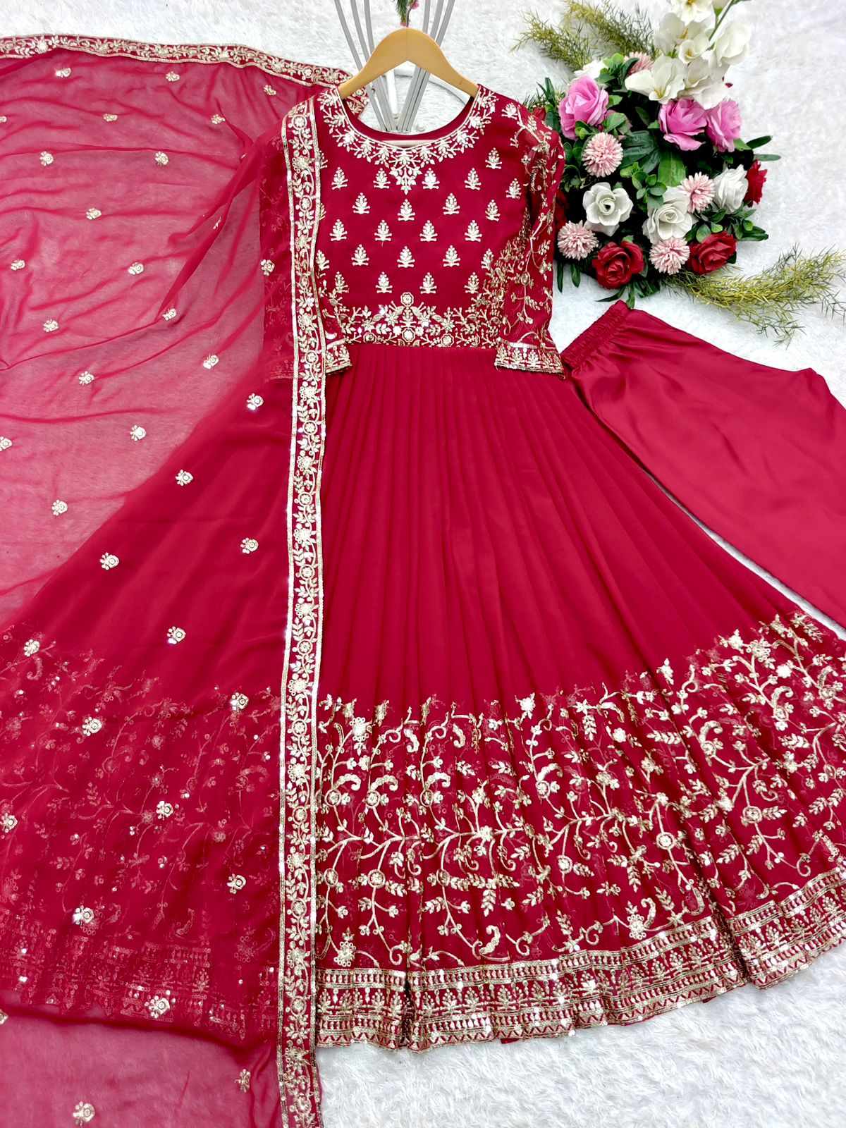 Unique Heavy Sequence Work Red Color Long Gown