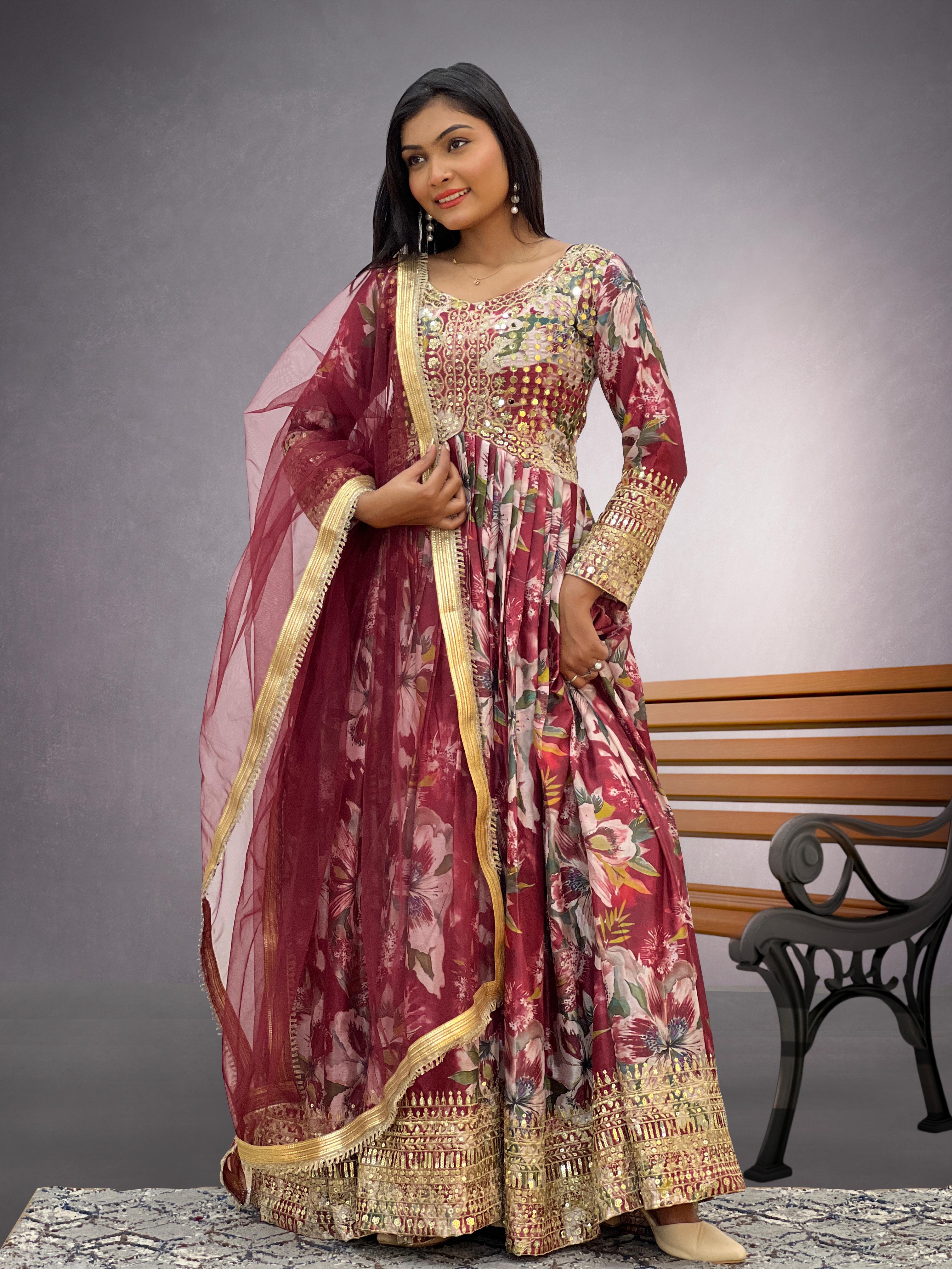 Beautiful Chinon Silk Red Multi Color Gown With Dupatta