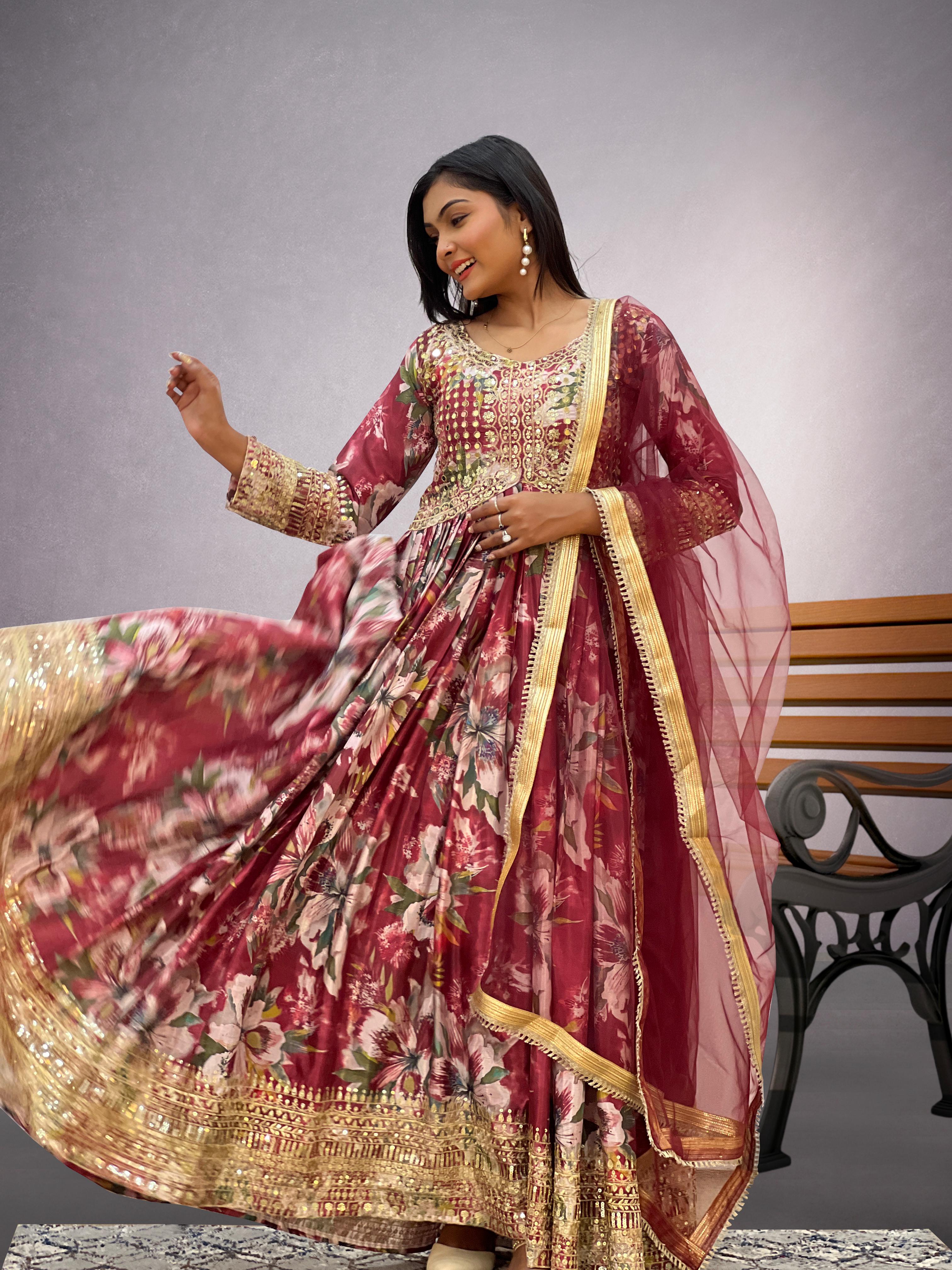 Beautiful Chinon Silk Red Multi Color Gown With Dupatta