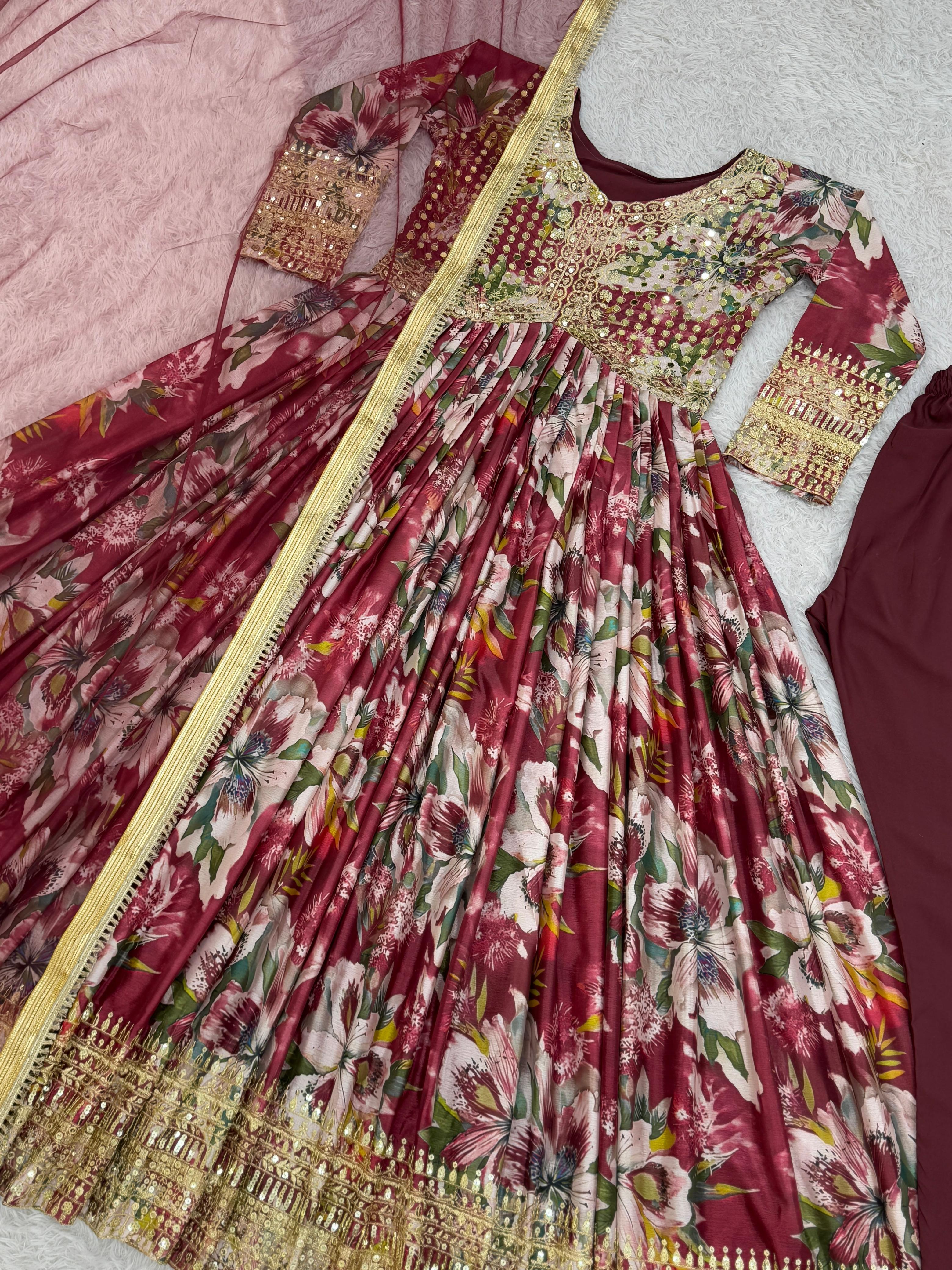 Beautiful Chinon Silk Red Multi Color Gown With Dupatta