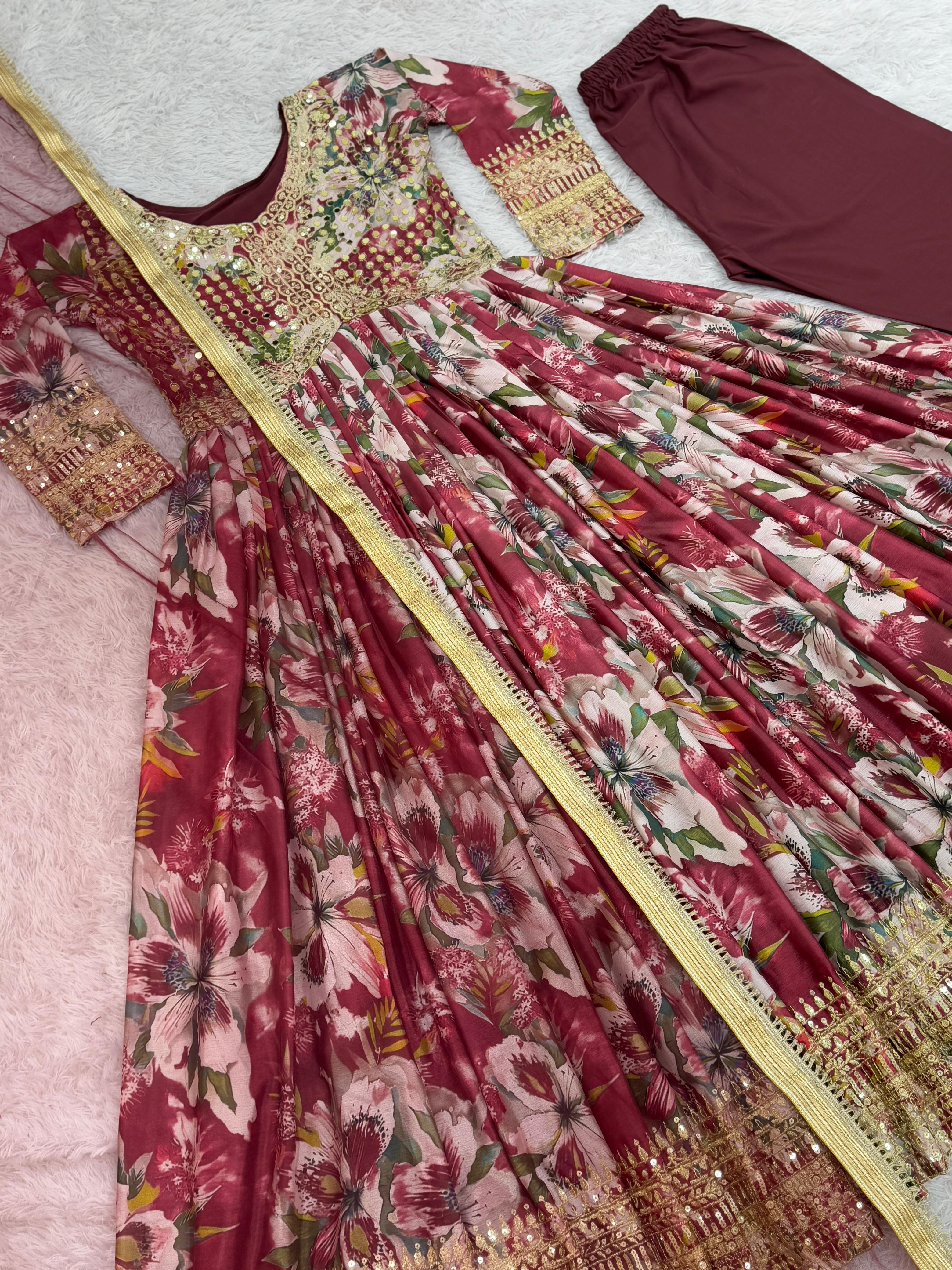 Beautiful Chinon Silk Red Multi Color Gown With Dupatta