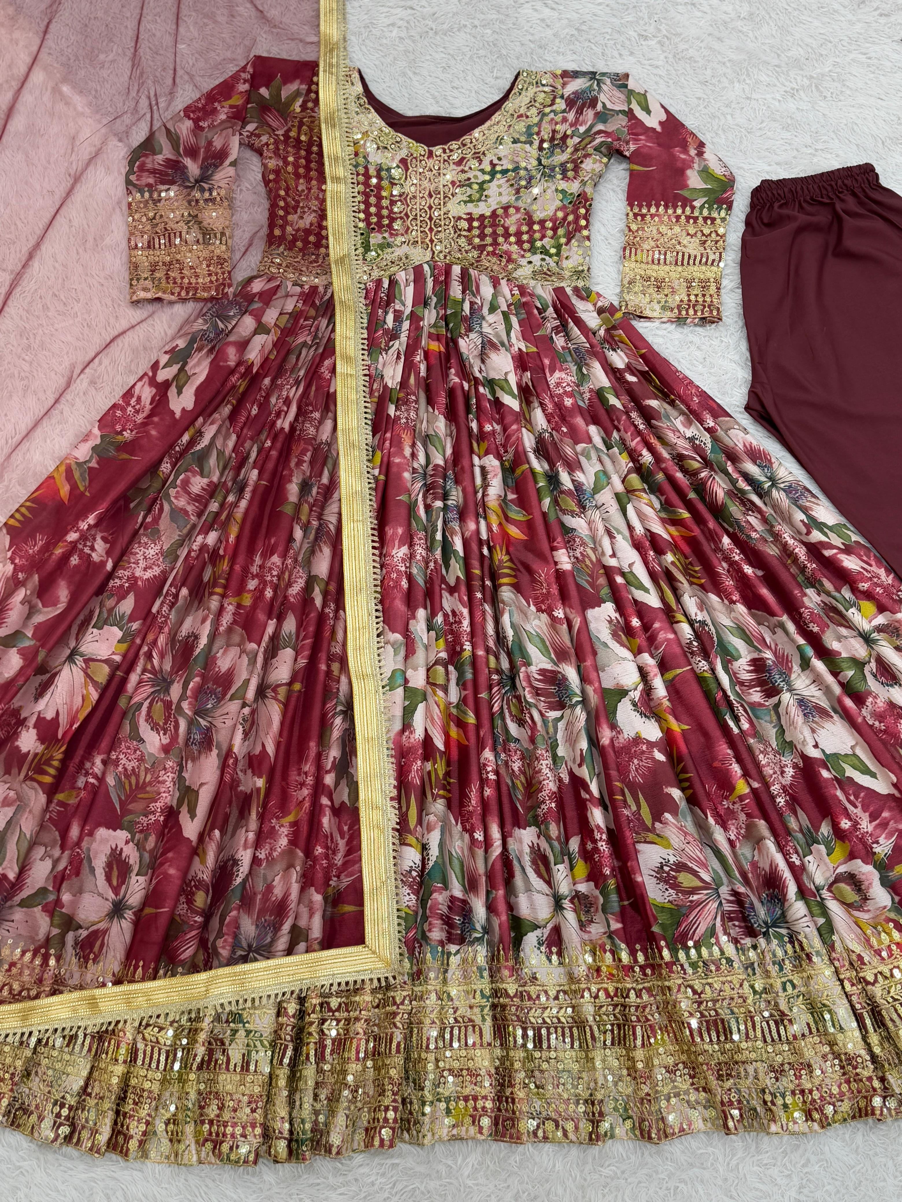 Beautiful Chinon Silk Red Multi Color Gown With Dupatta