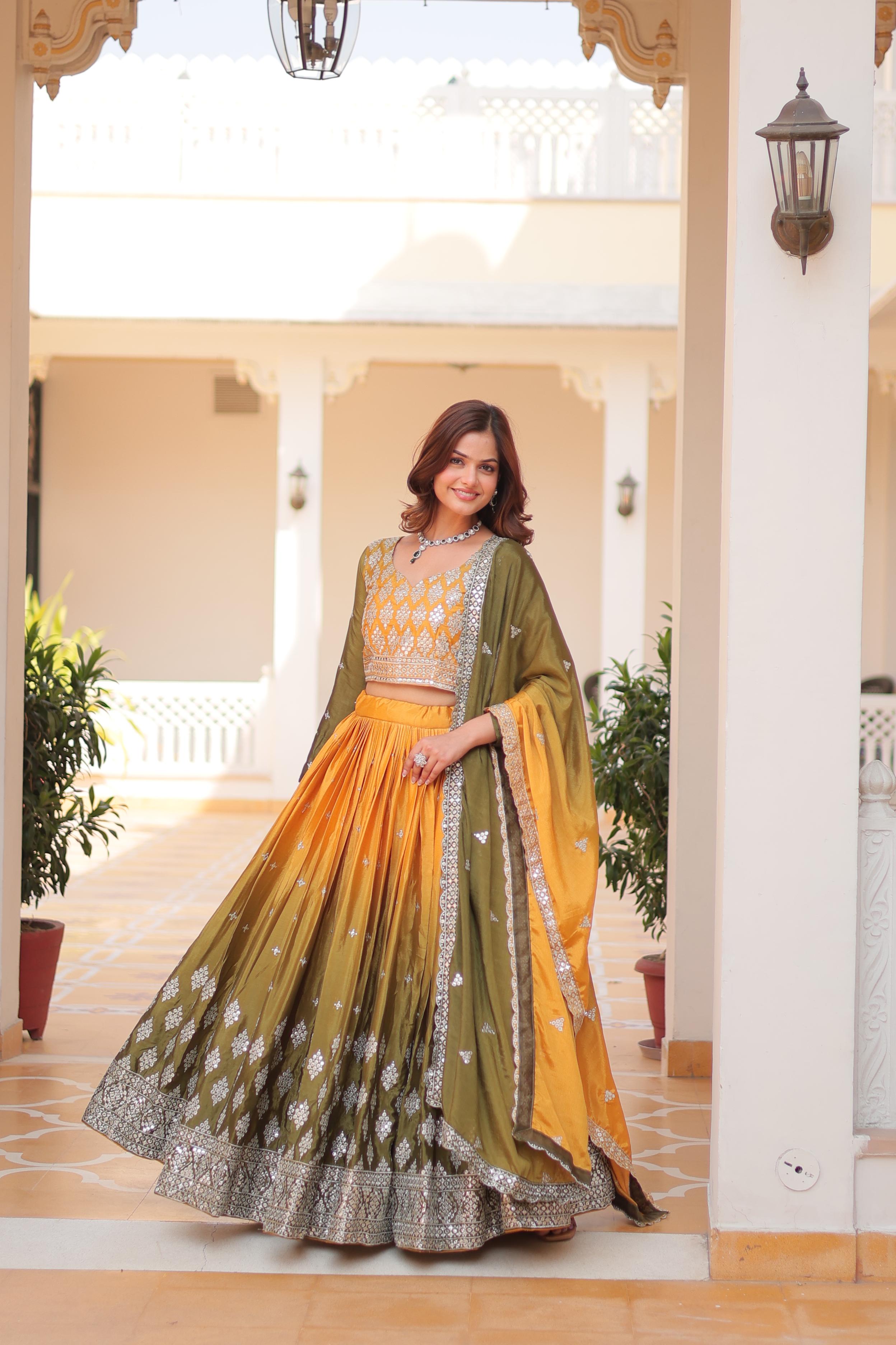 Flattering Chinon Silk Yellow Mehndi Color Lehenga Choli