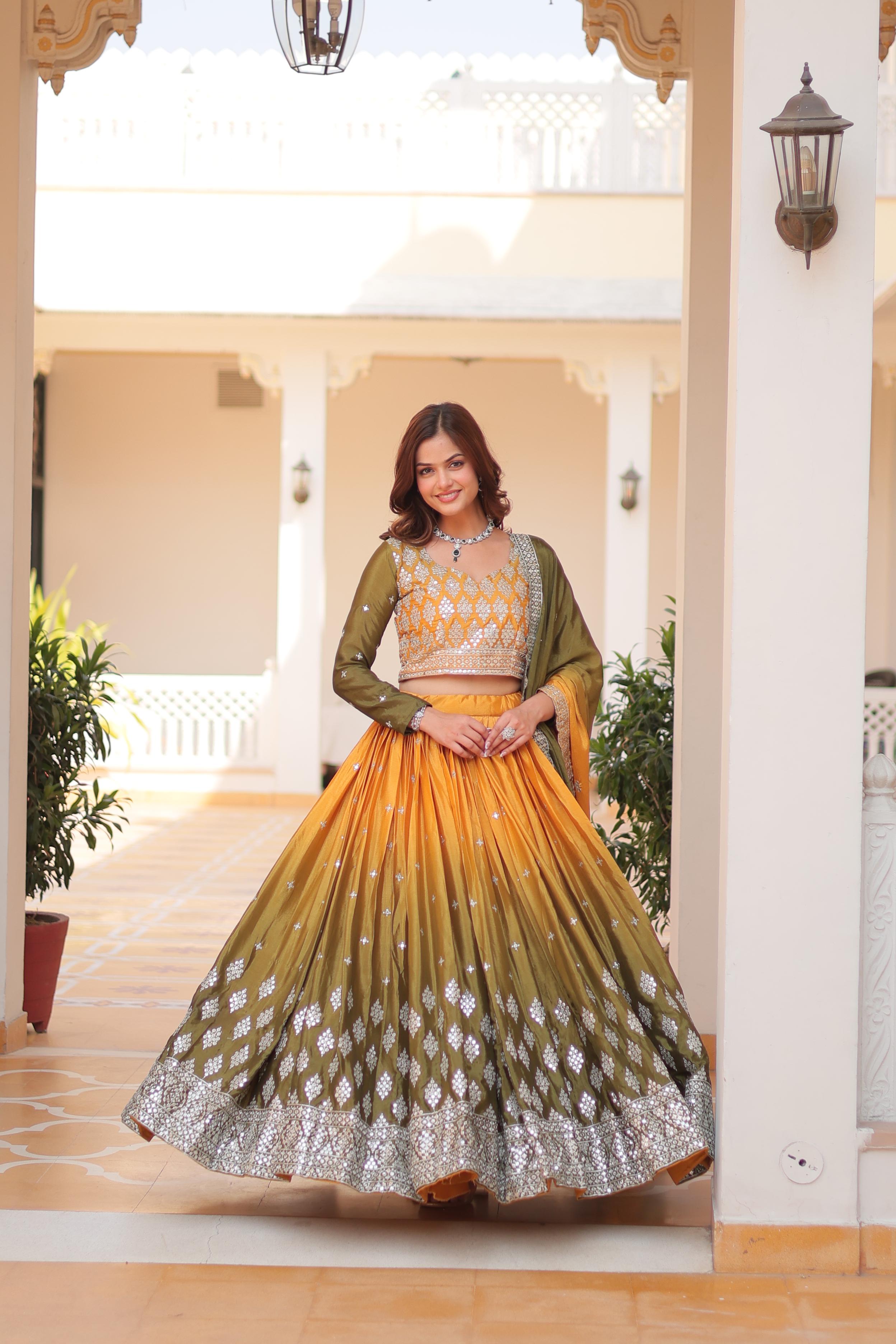 Flattering Chinon Silk Yellow Mehndi Color Lehenga Choli