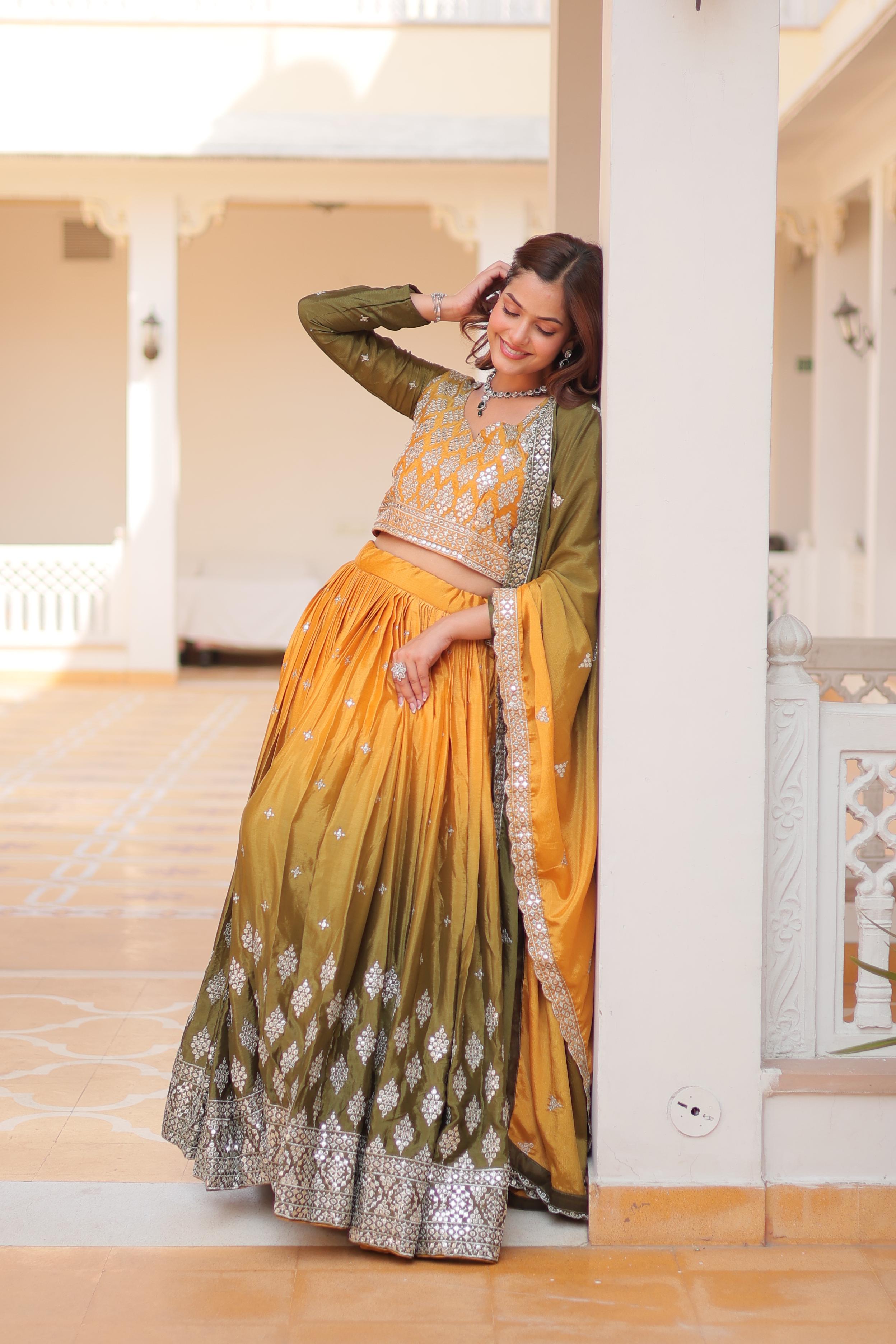 Flattering Chinon Silk Yellow Mehndi Color Lehenga Choli