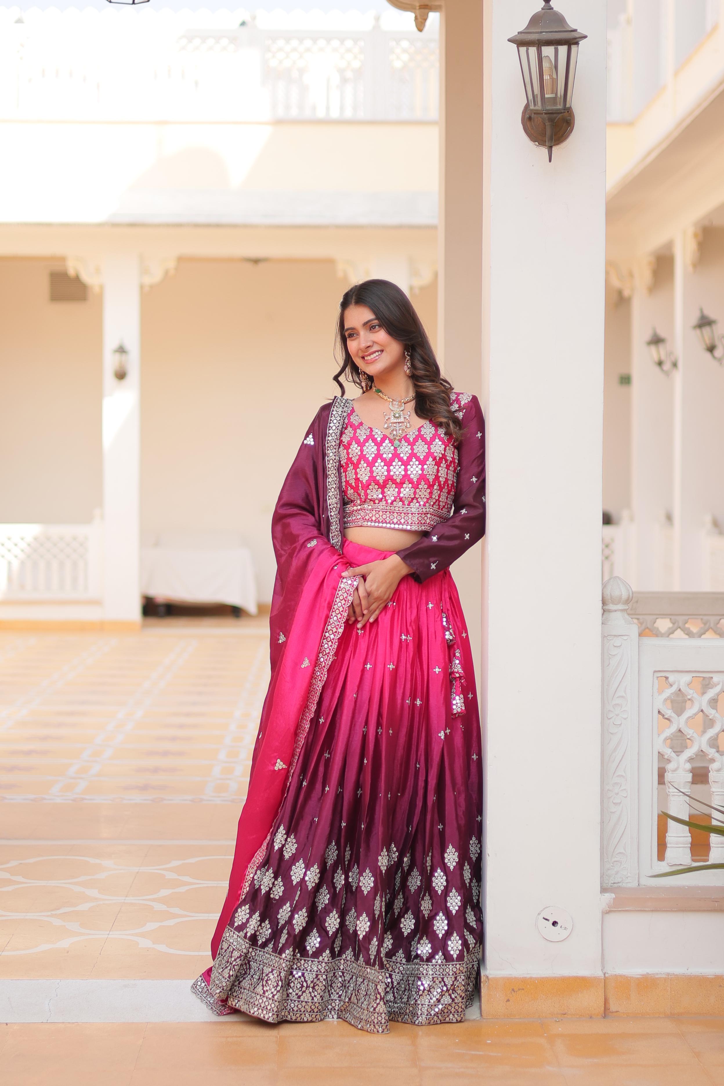 Flattering Chinon Silk Pink Purple Color Lehenga Choli