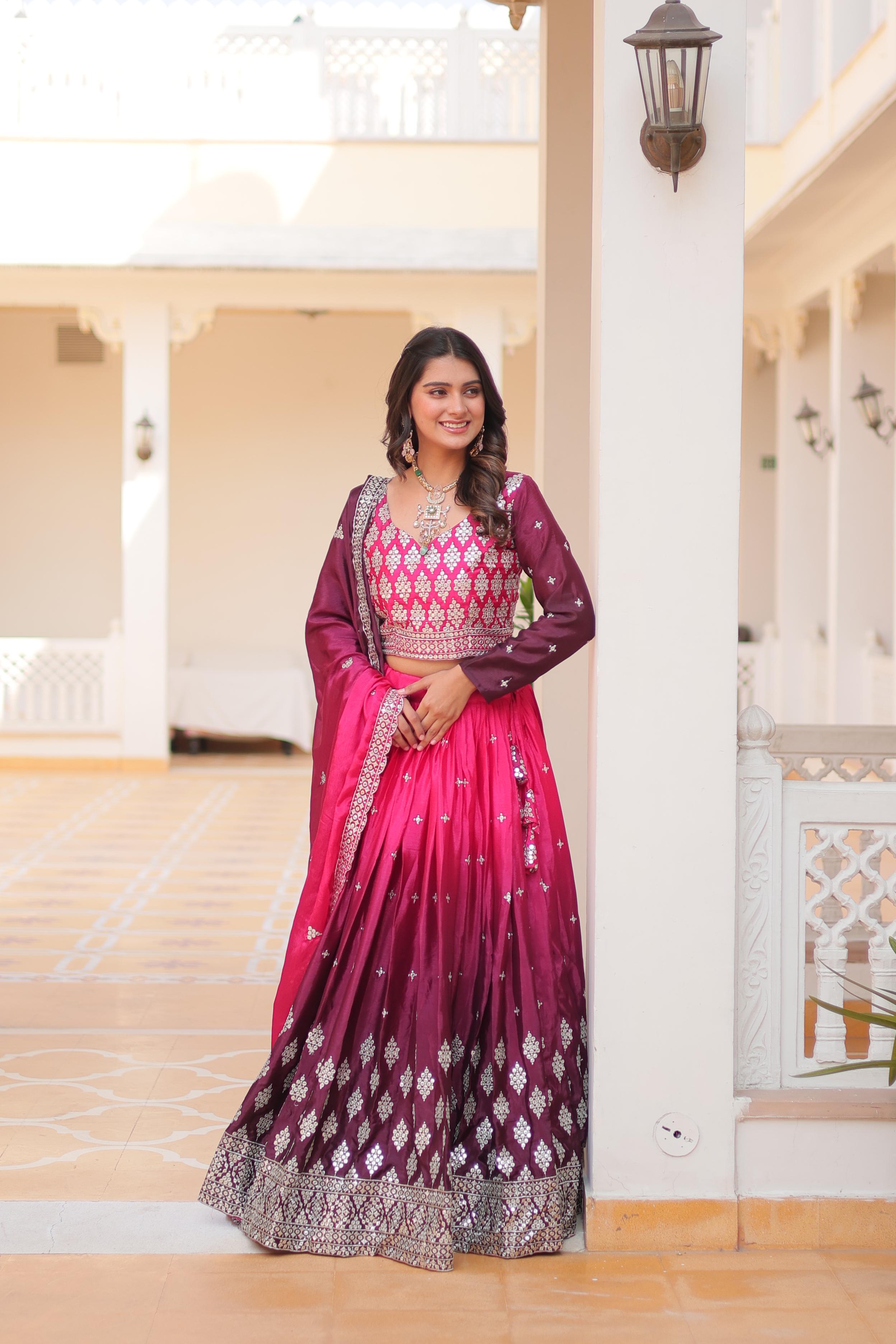 Flattering Chinon Silk Pink Purple Color Lehenga Choli