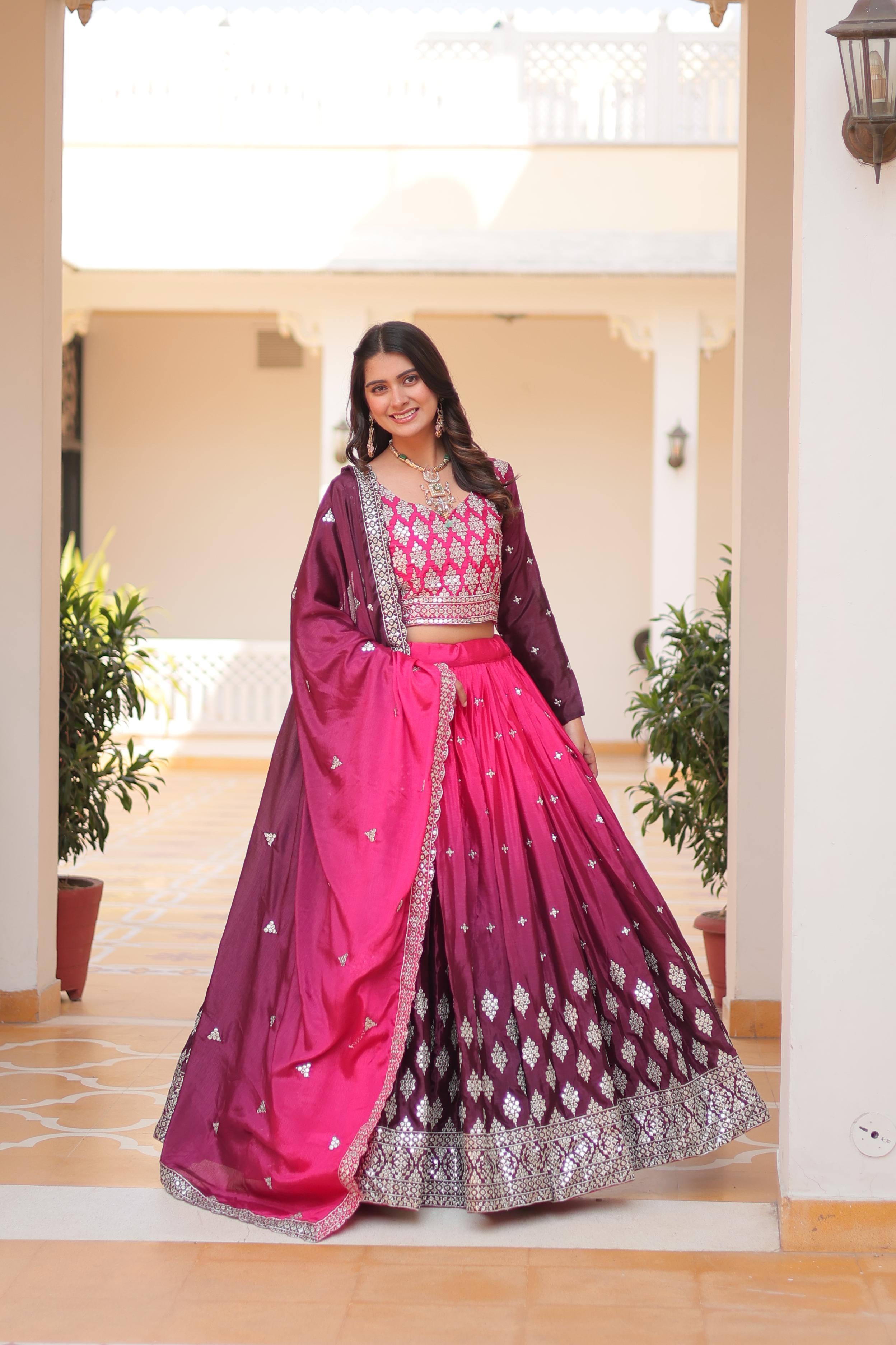 Flattering Chinon Silk Pink Purple Color Lehenga Choli