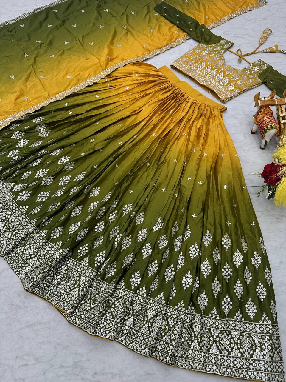 Flattering Chinon Silk Yellow Mehndi Color Lehenga Choli