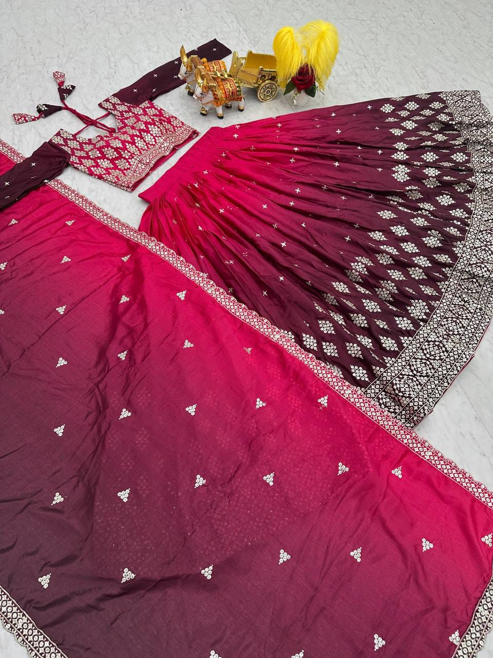 Flattering Chinon Silk Pink Purple Color Lehenga Choli