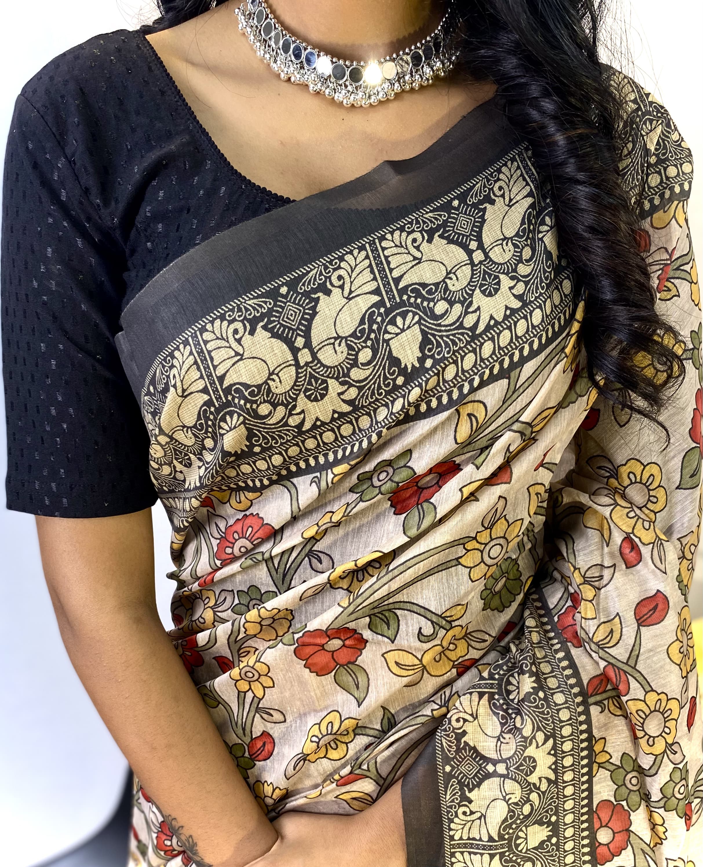 Attractive Cotton Chanderi Cream & Black Border Saree