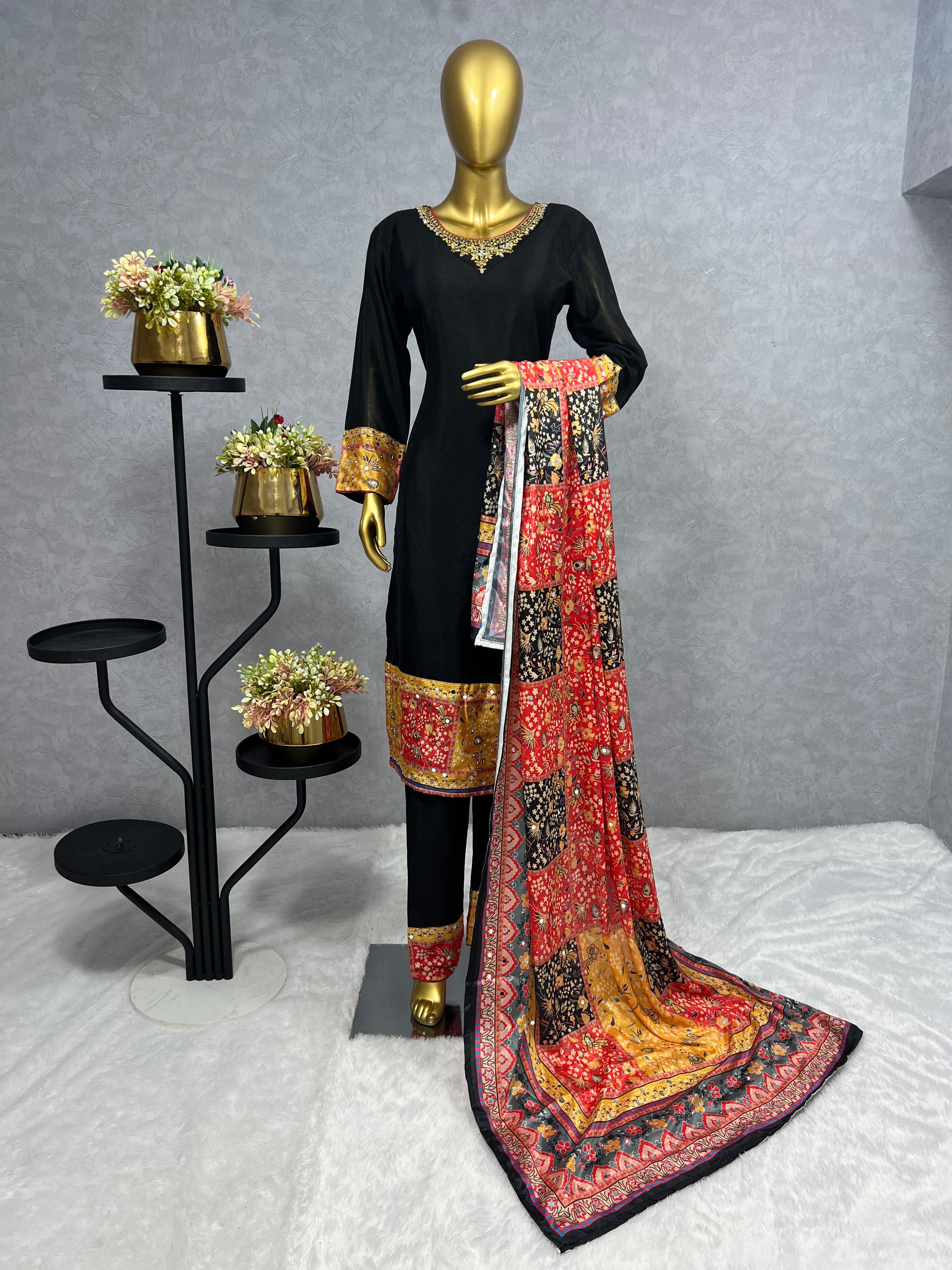 Attractive Chinon Silk Black Color Salwar Suit