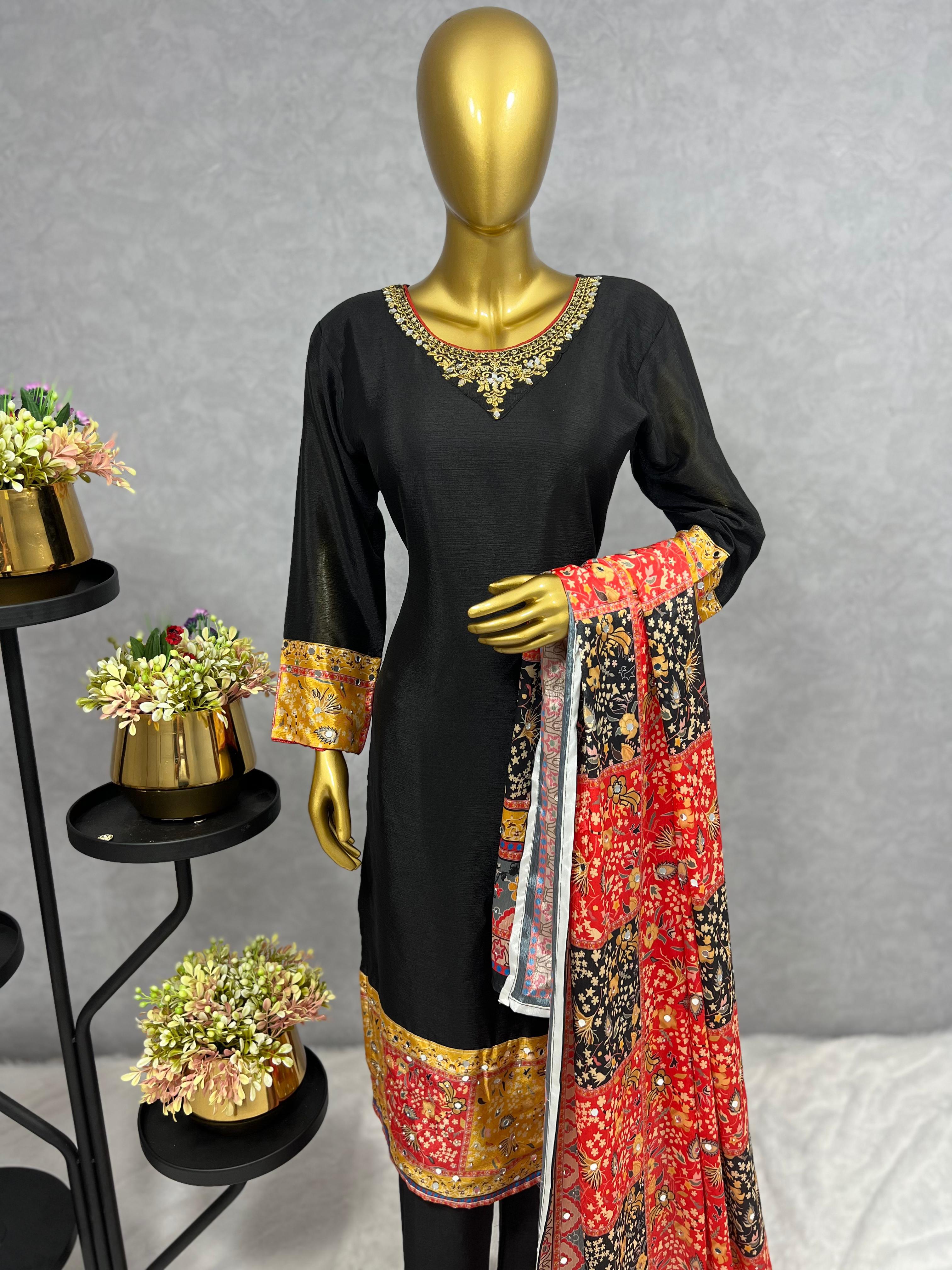 Attractive Chinon Silk Black Color Salwar Suit