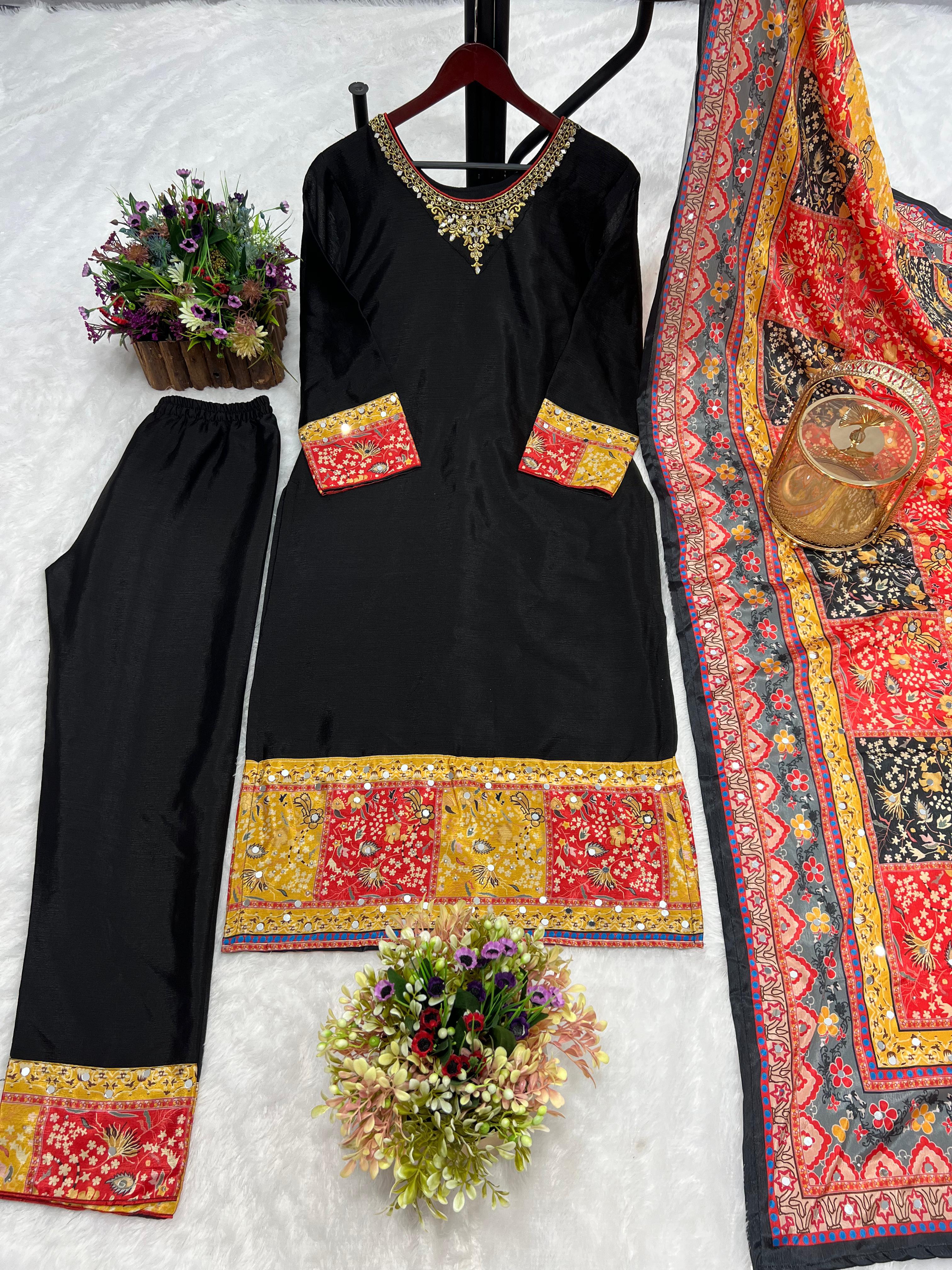 Attractive Chinon Silk Black Color Salwar Suit