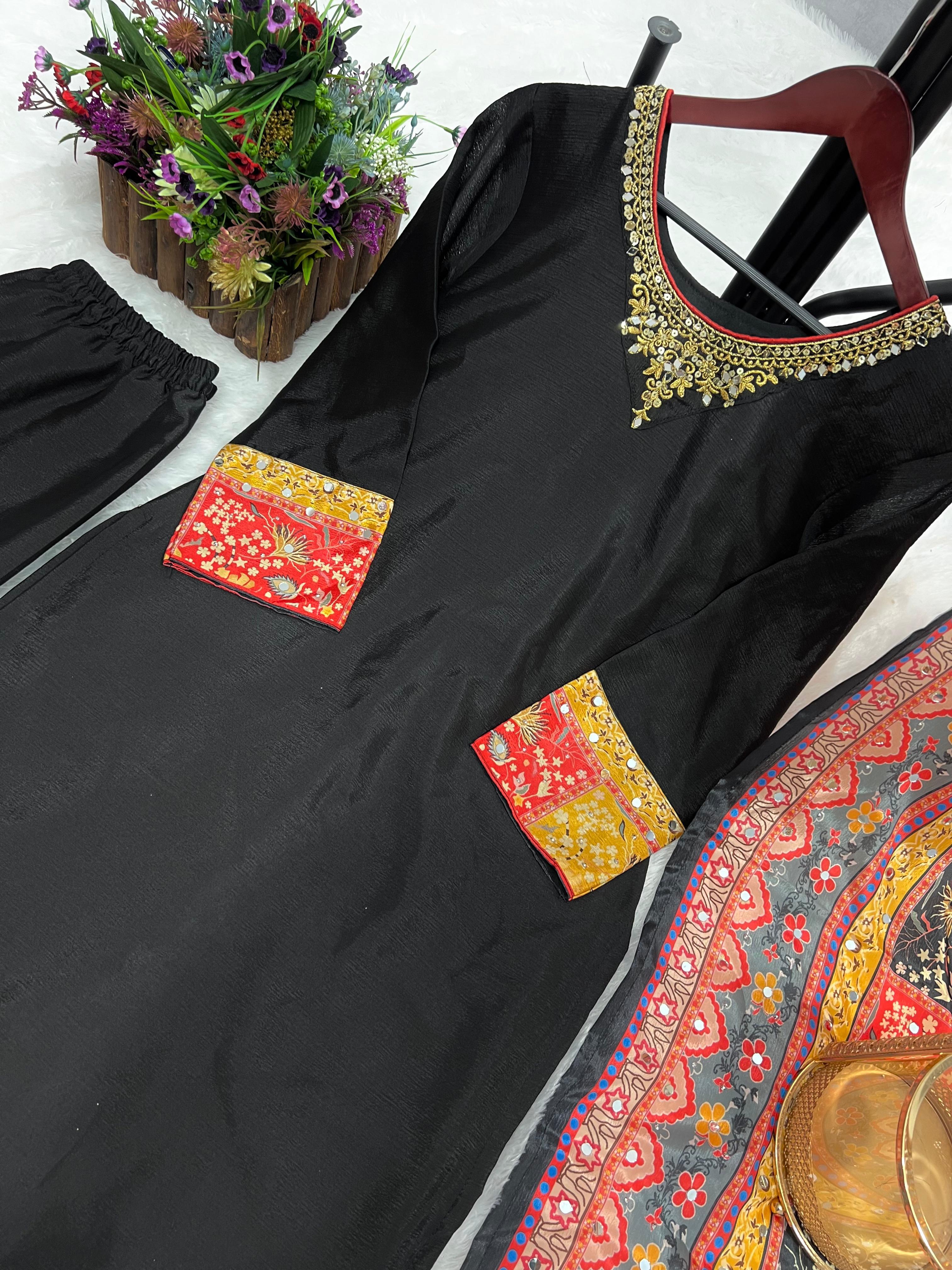 Attractive Chinon Silk Black Color Salwar Suit