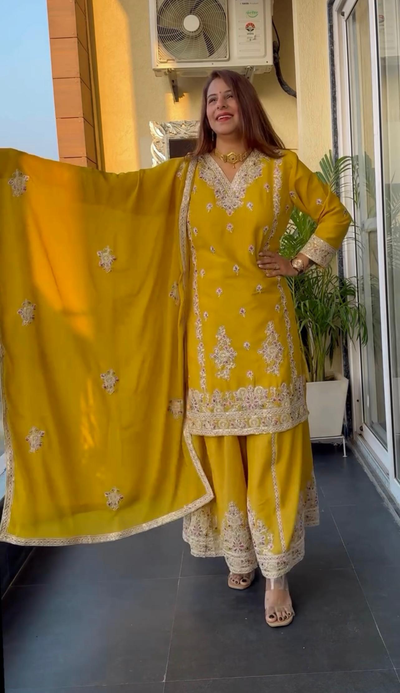 Trendy Chinnon Silk Sequence Work Yellow Color Sharara Suit