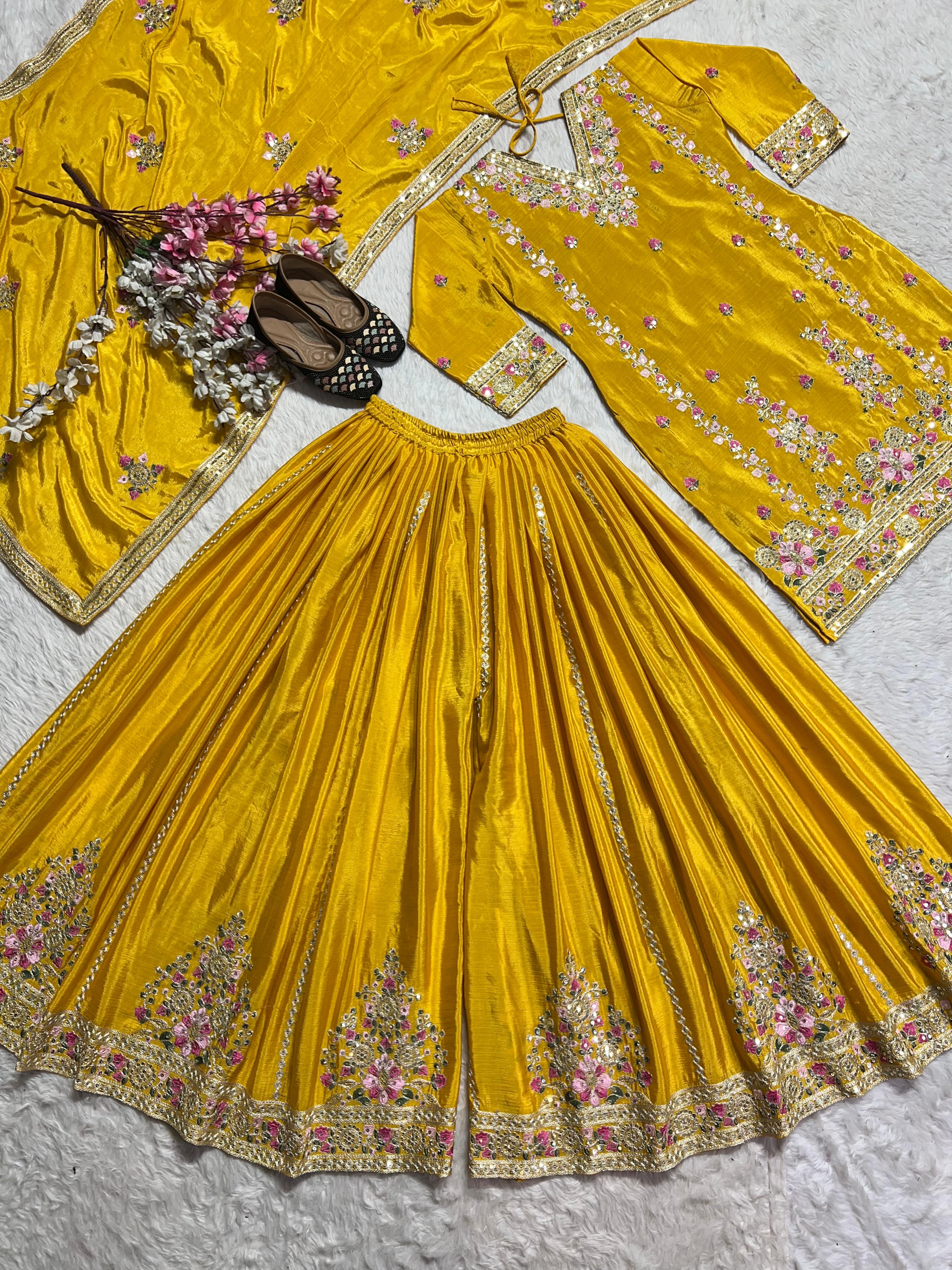 Trendy Chinnon Silk Sequence Work Yellow Color Sharara Suit