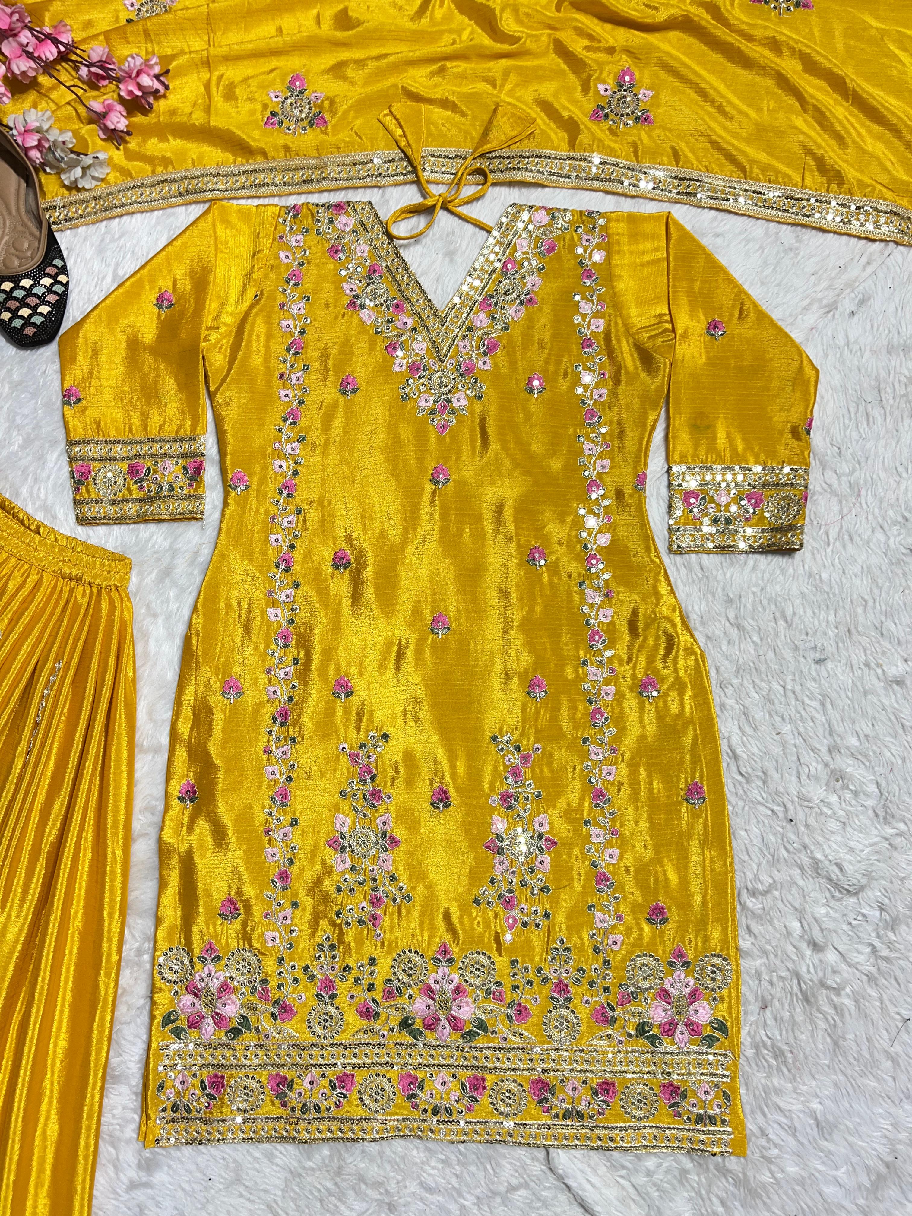 Trendy Chinnon Silk Sequence Work Yellow Color Sharara Suit