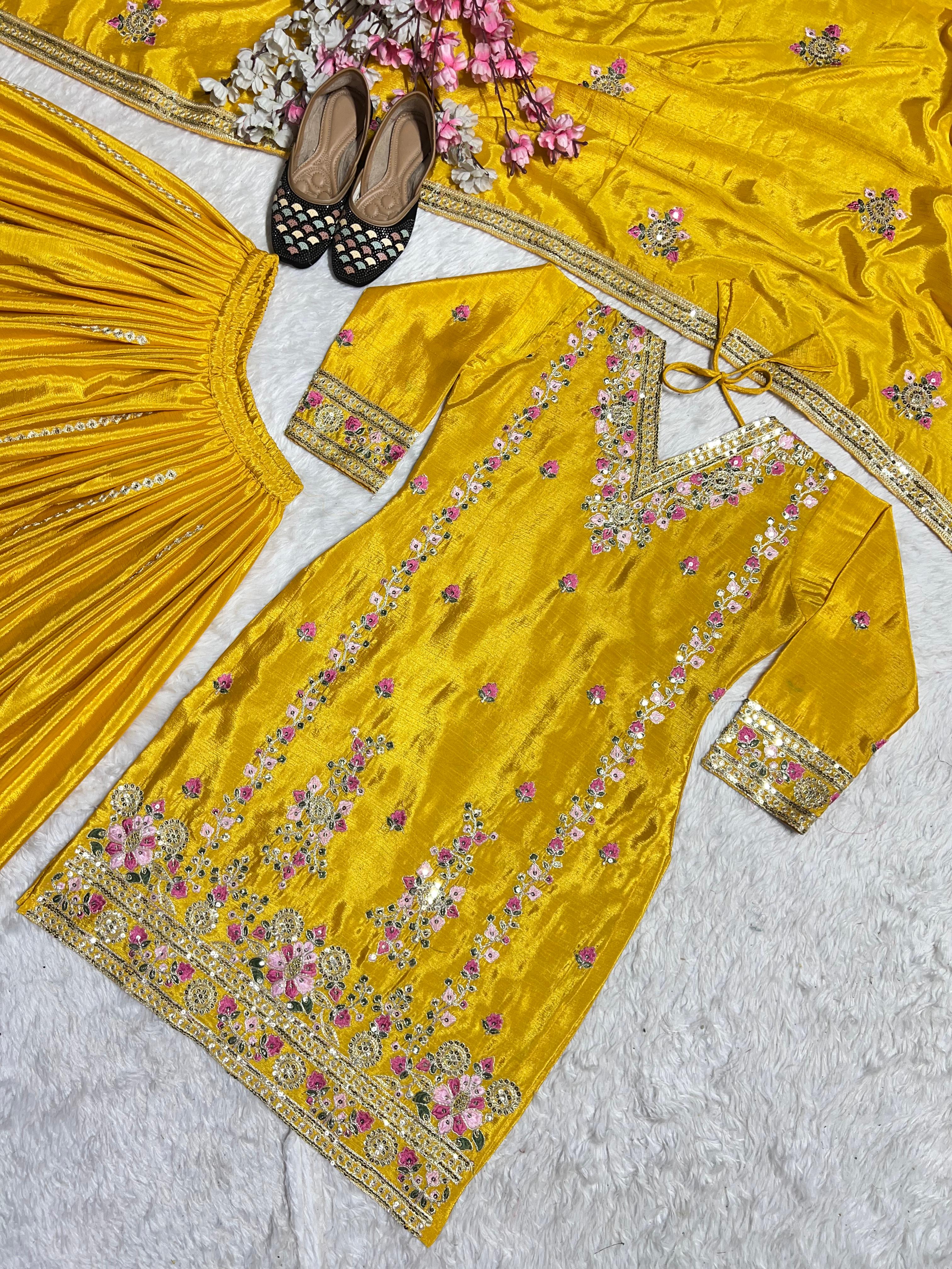 Trendy Chinnon Silk Sequence Work Yellow Color Sharara Suit