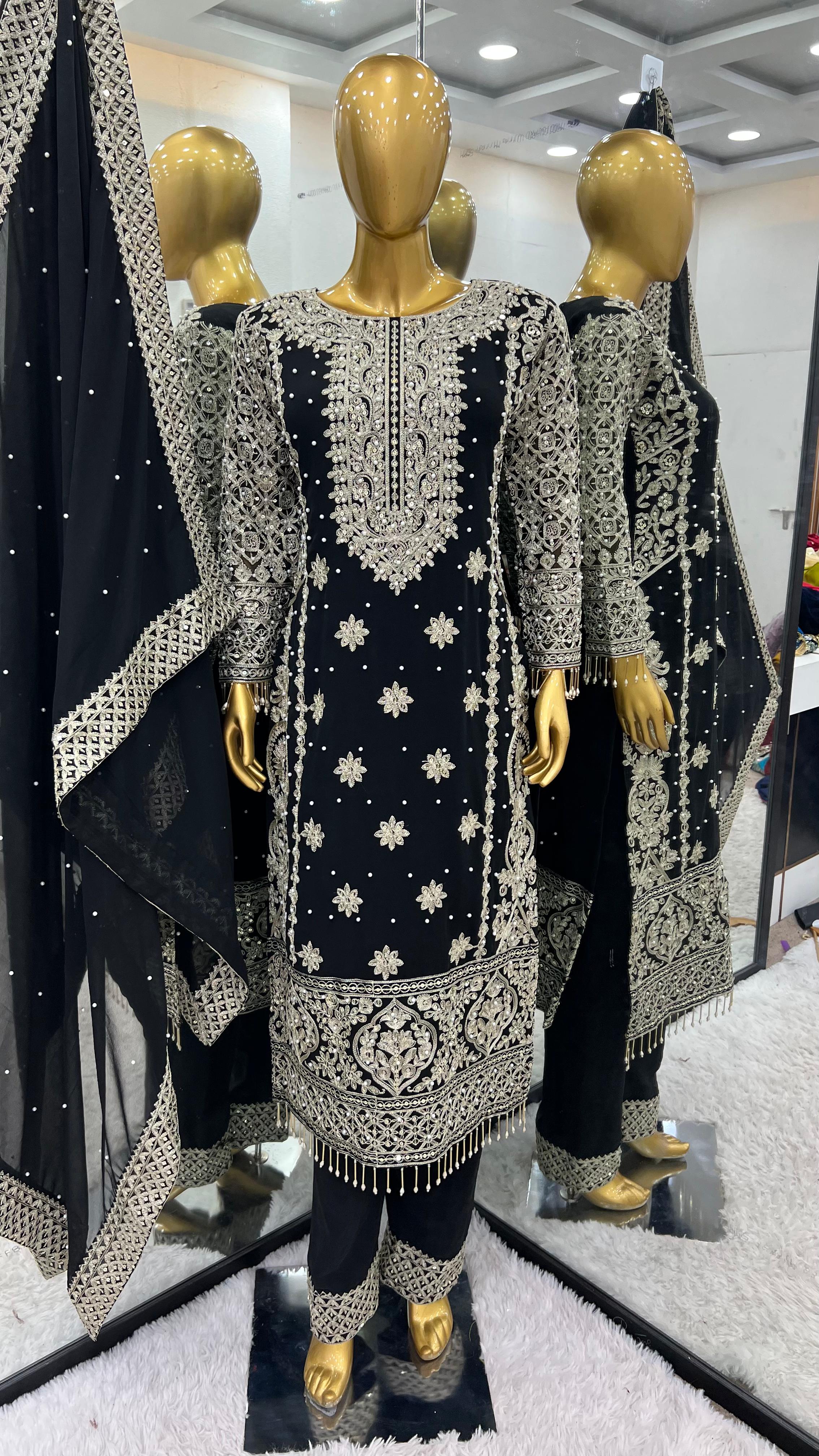 Fancy Black Color Georgette Revet Moti Salwar Suit