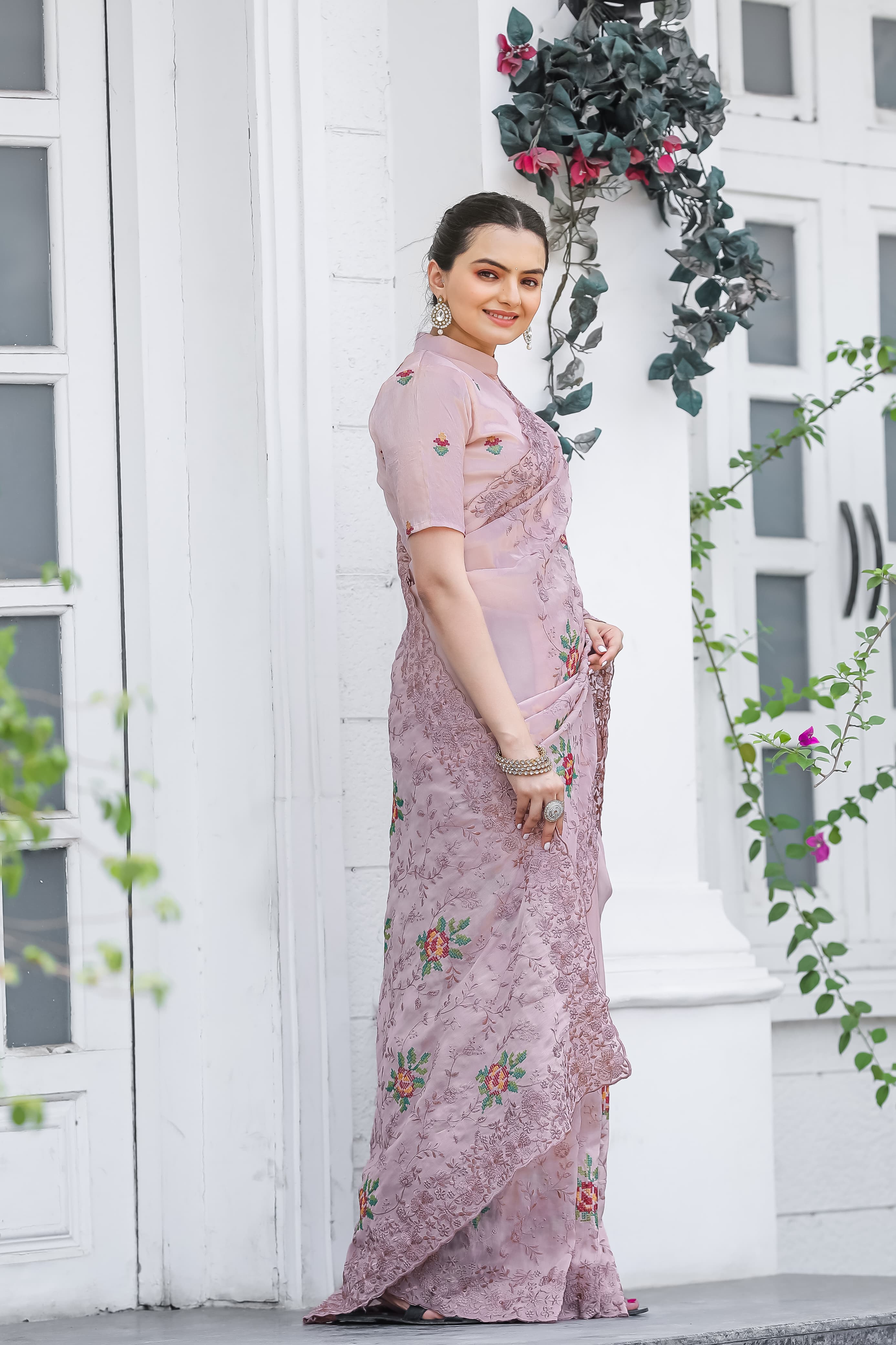 Glimmering Peach Color Embroidery With Cut Work Saree