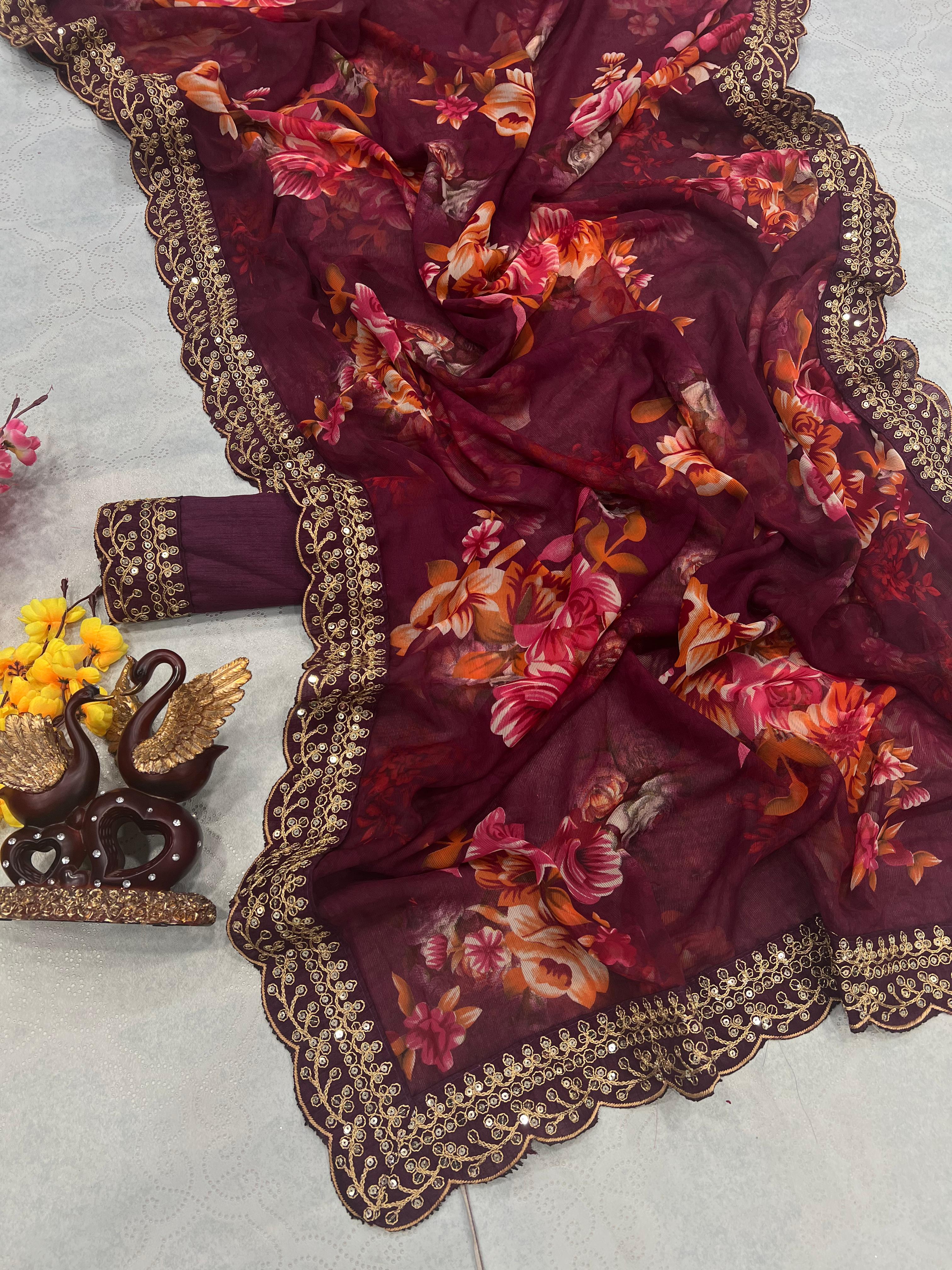 Innovative Wine Color Floral Printed Saree