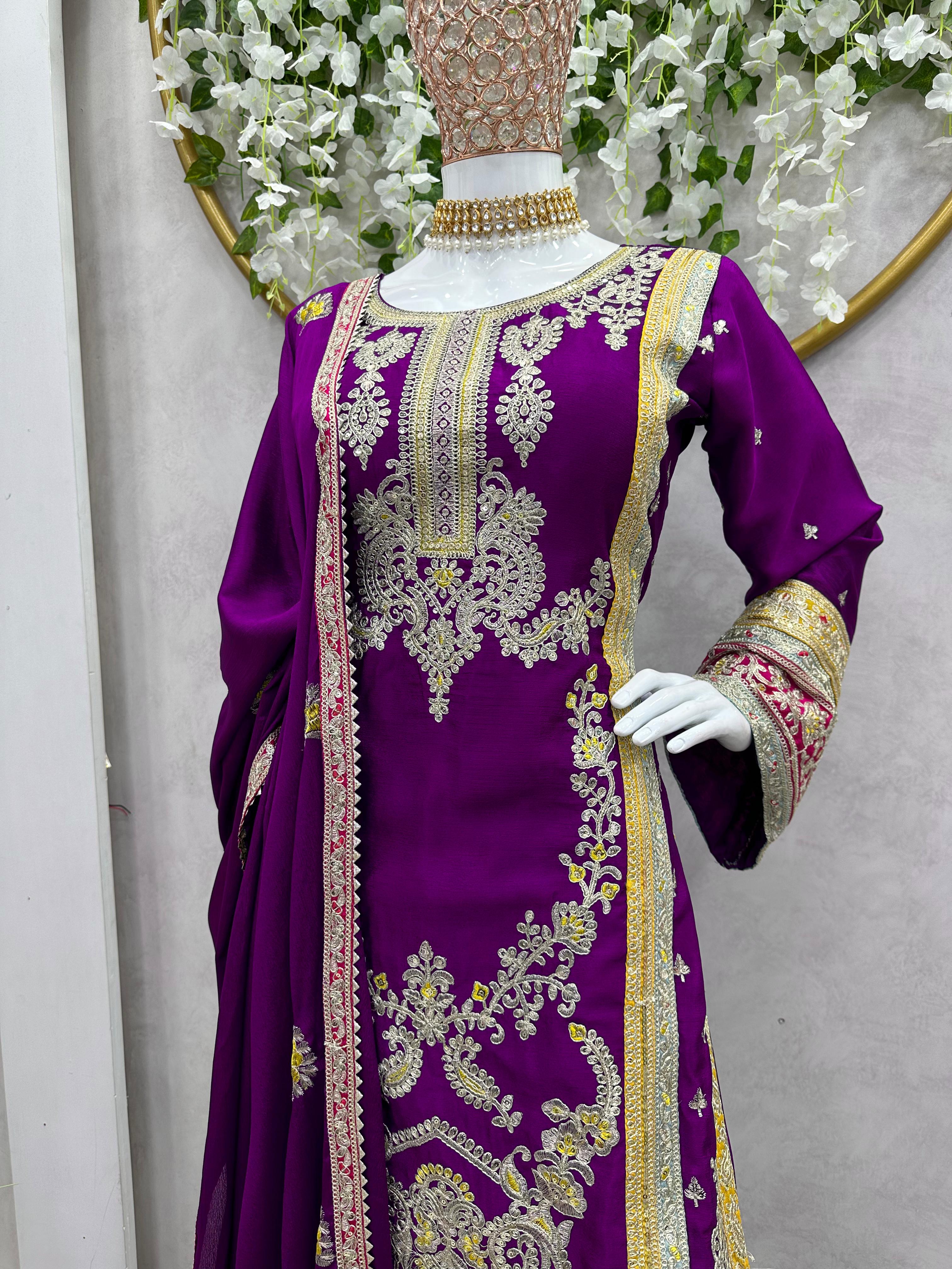 Embellished Sequence Work Rama Color Sharara Suit