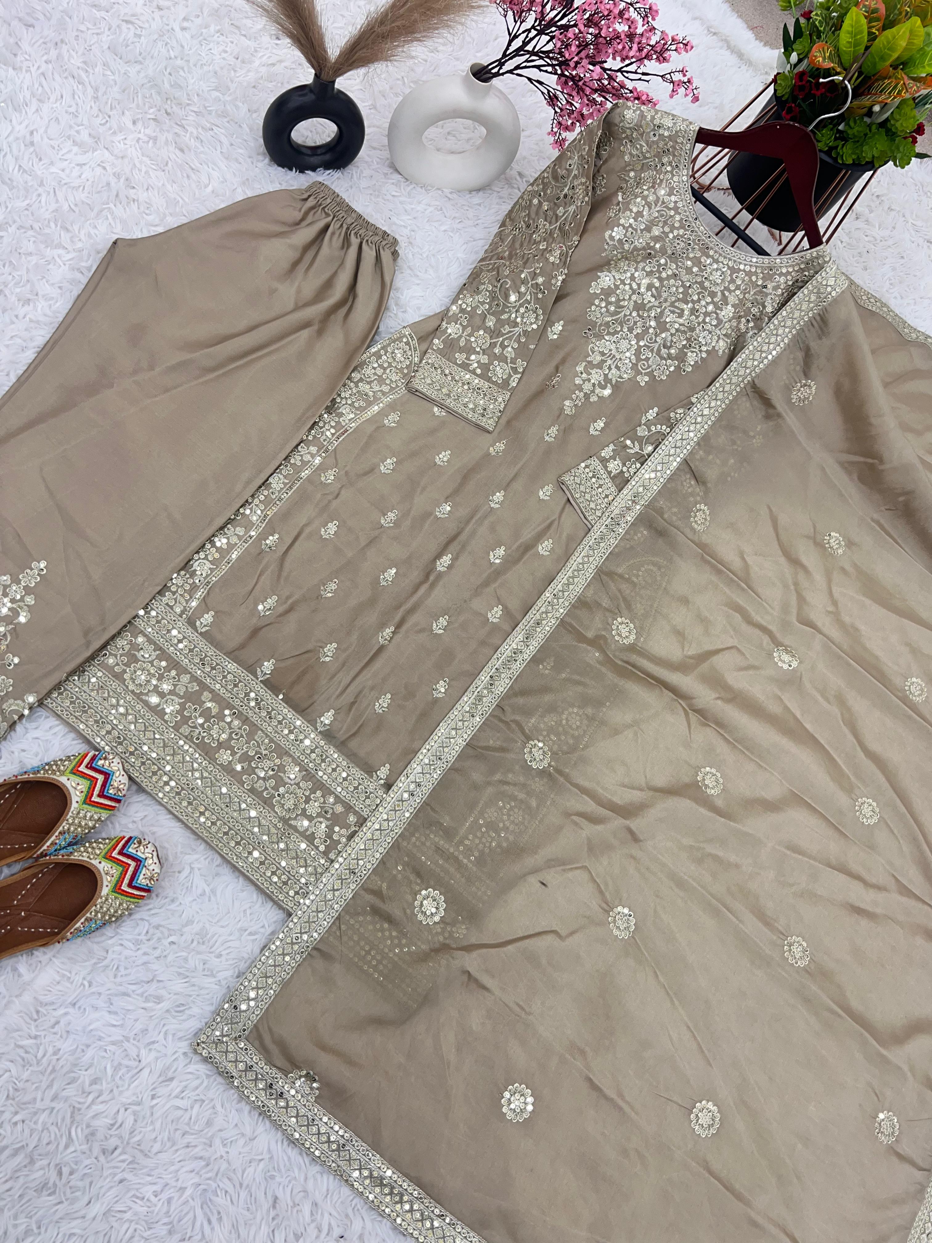 Fantastic Chinnon Silk Sequence Work Beige Color Palazzo Suit