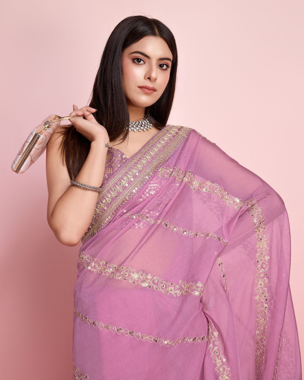 Captivating Light Pink Color Embroidery Work Saree