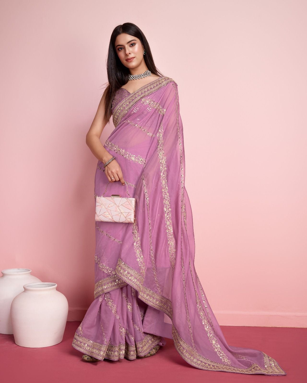 Captivating Light Pink Color Embroidery Work Saree