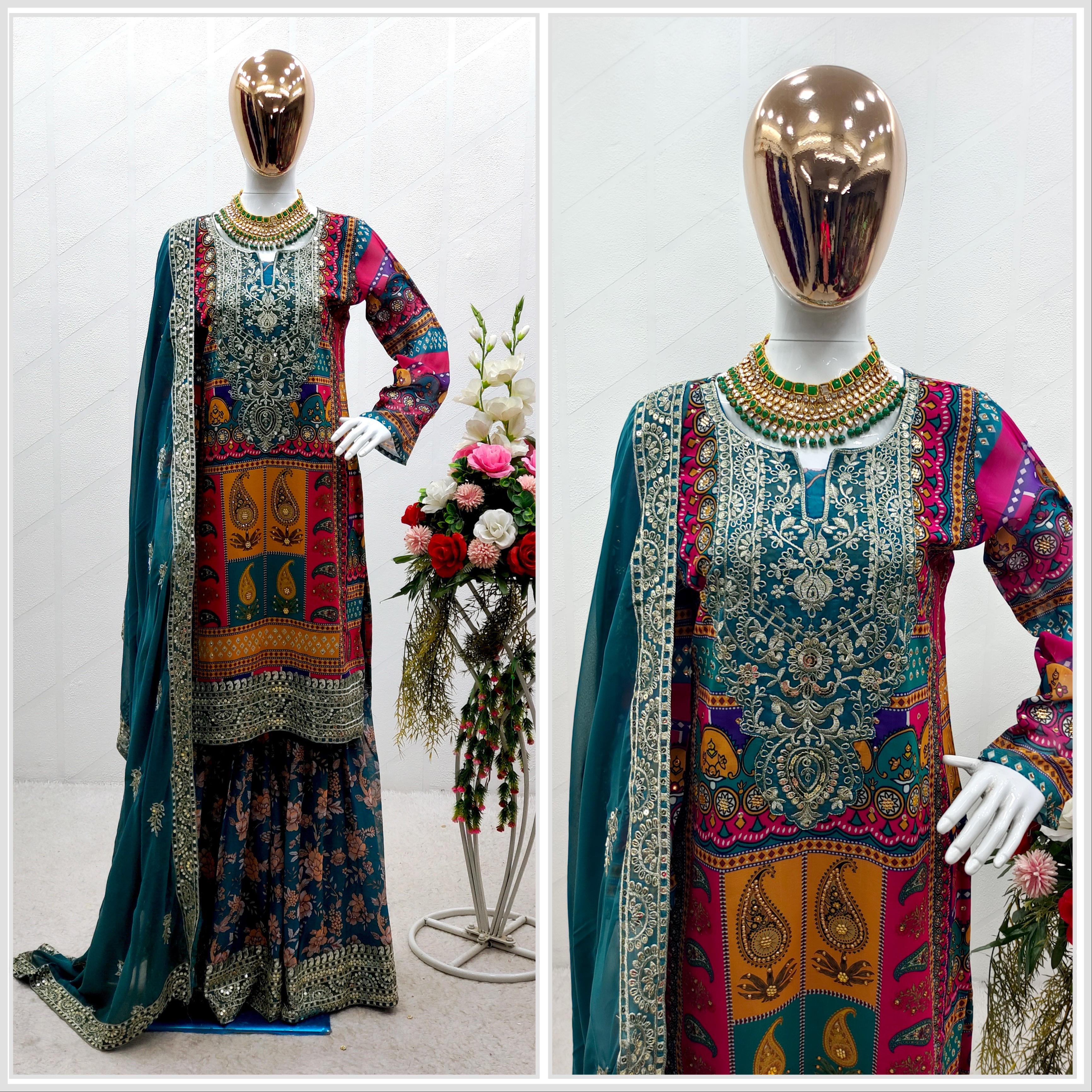 Multi Design Pretty Digital Print Blue Color Sharara Suit