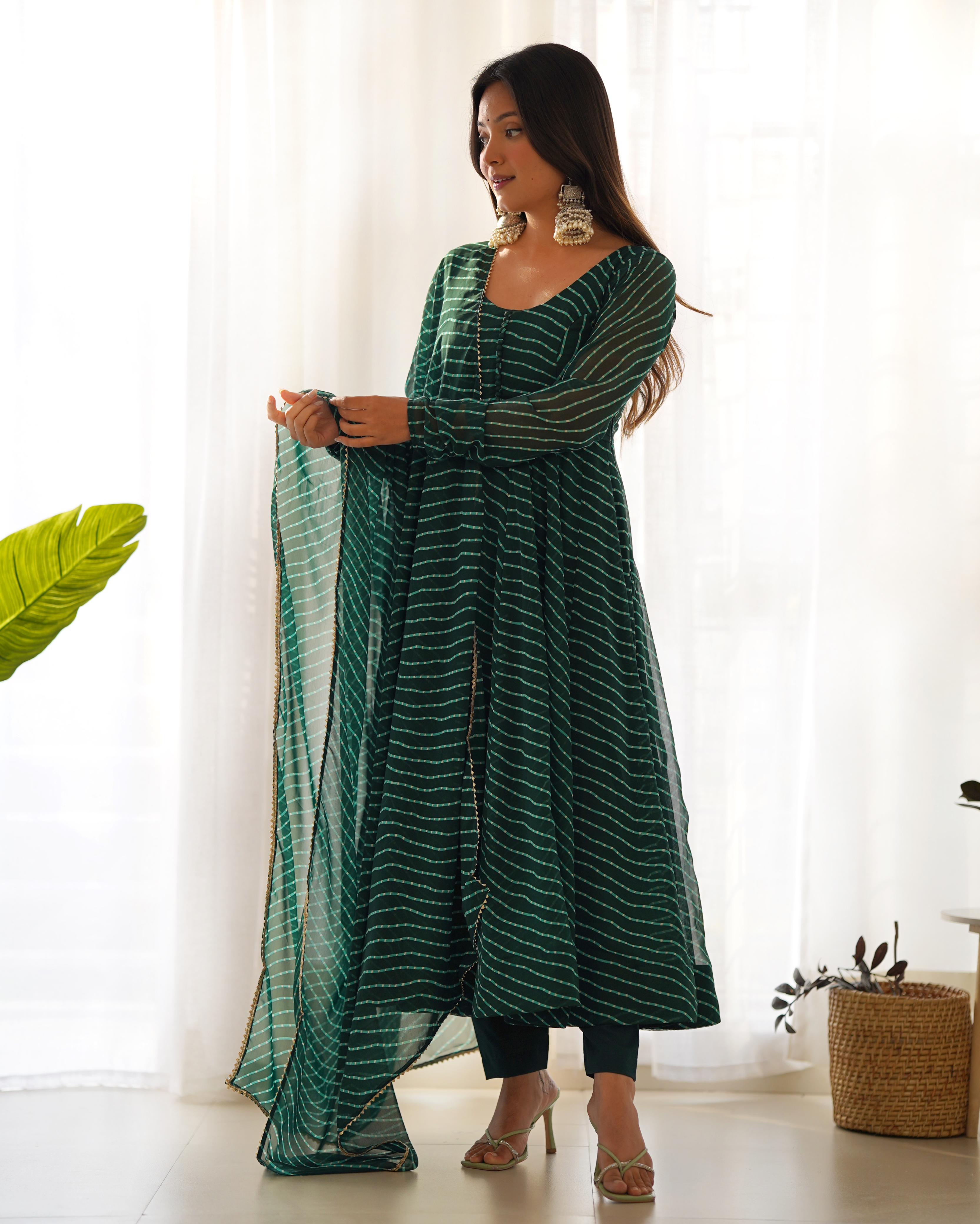 Green Color Leheriya Print Anarkali Gown With Dupatta