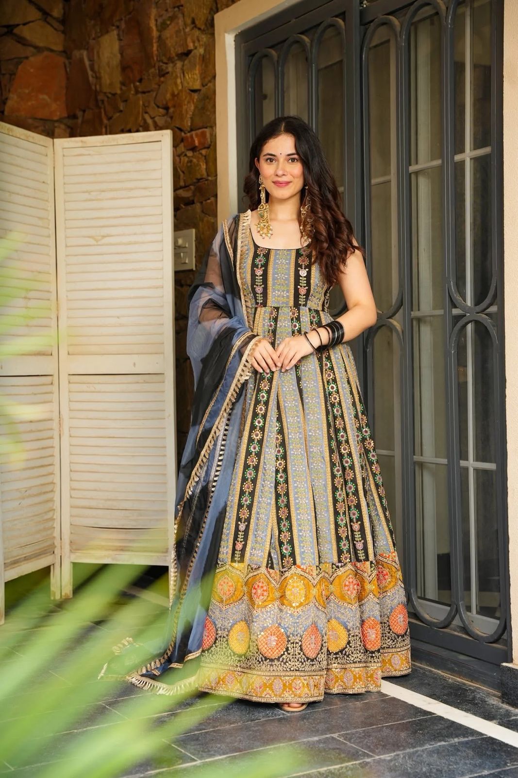 Awesome Multi Color Organza Digital Work Gown