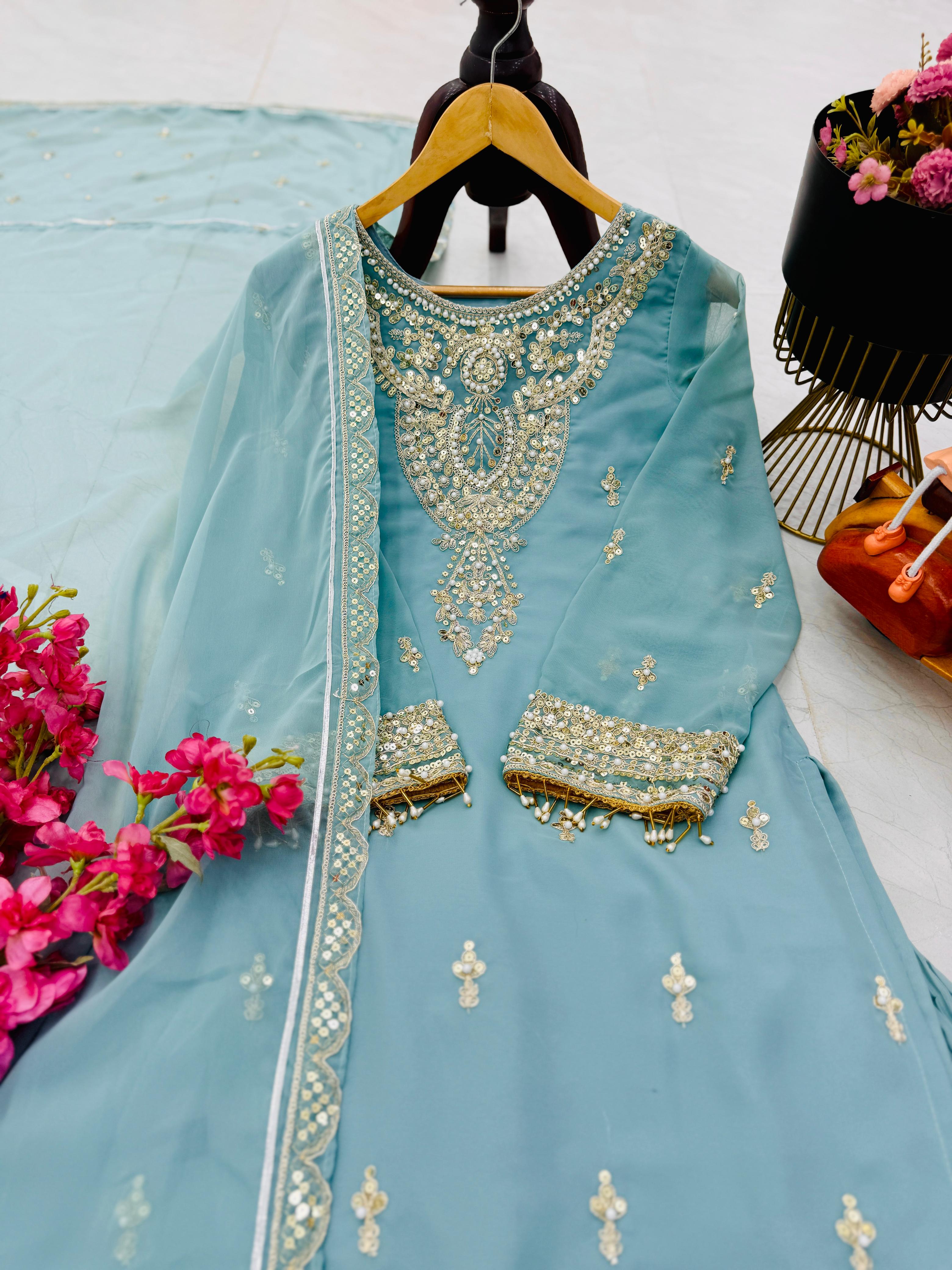 Wonderful Embroidery Work Sky Blue Color Sharara Suit