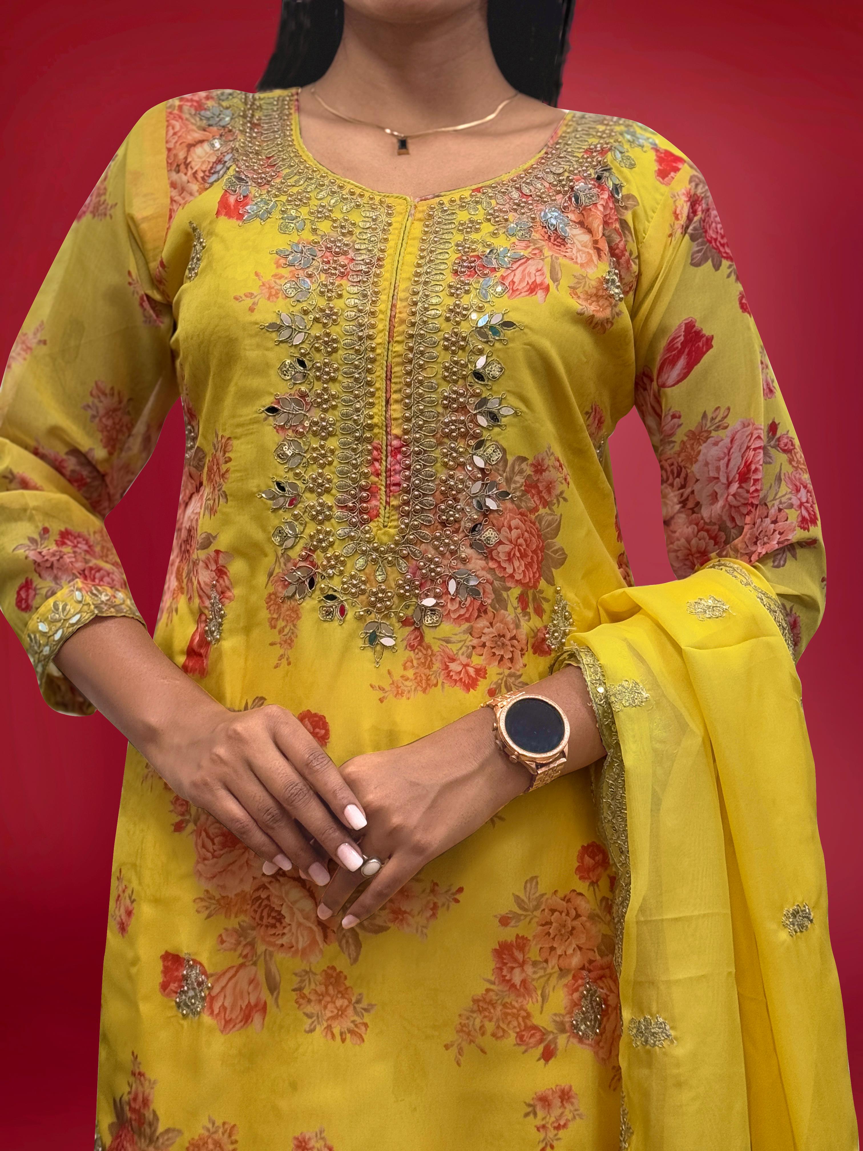 Flattering Sequence Heavy Stone Mirror Hand Work Yellow Color Palazzo Suit