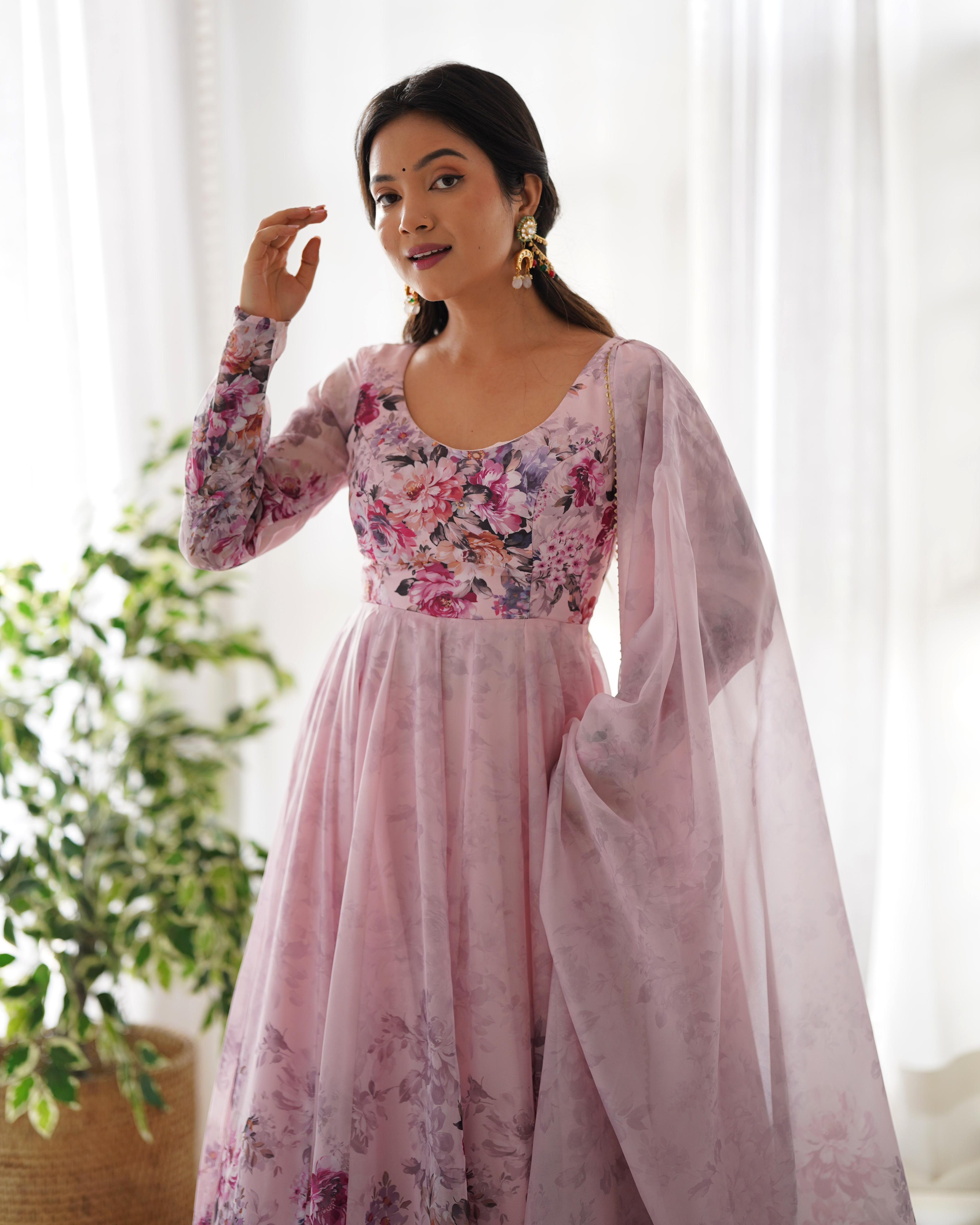 Casual Wear Multi Flower Print Light Pink Color Anarkali Suit