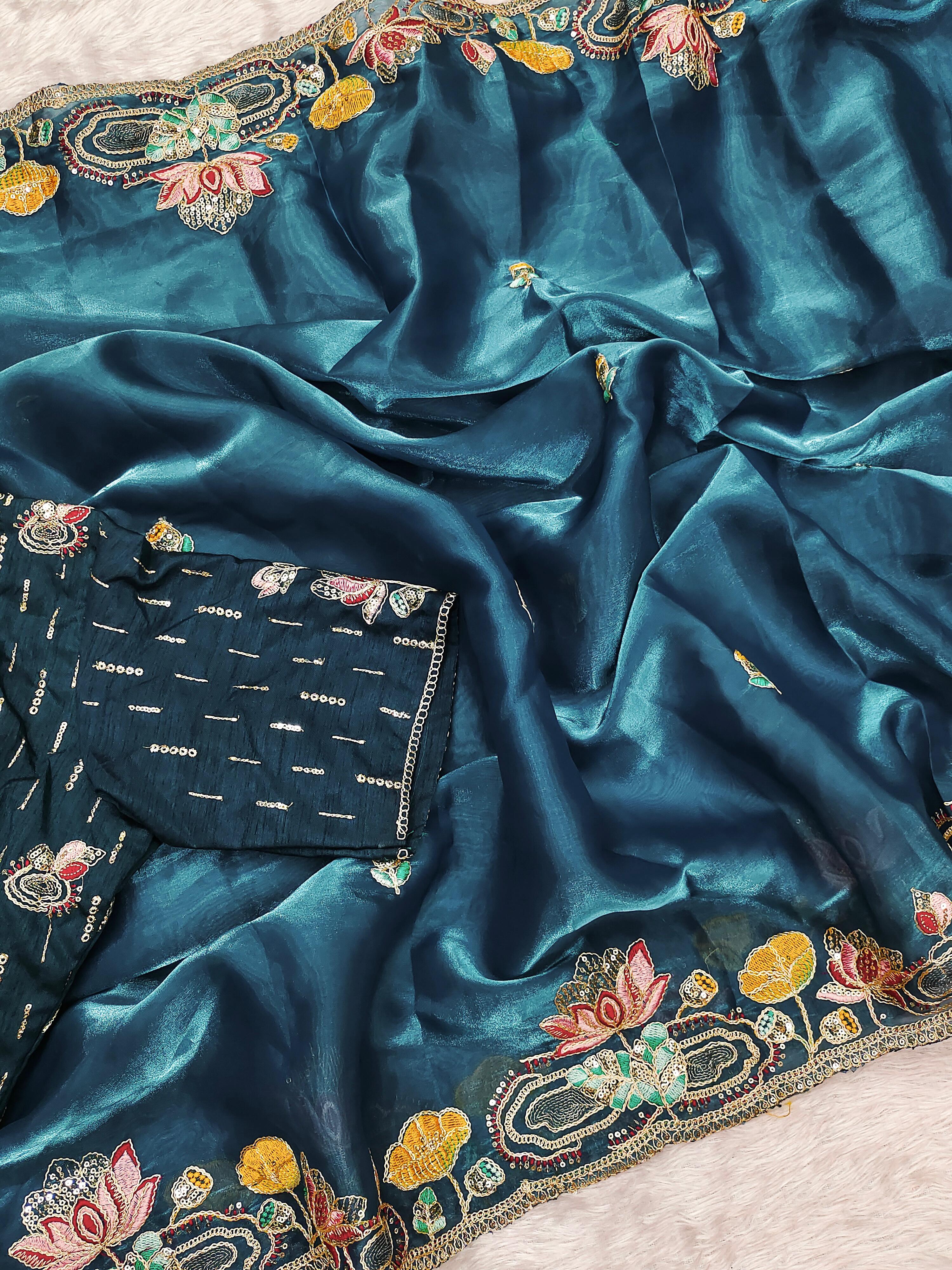 Wedding Wear Jimmy Cho Embroidery Work Teal Blue Color Saree