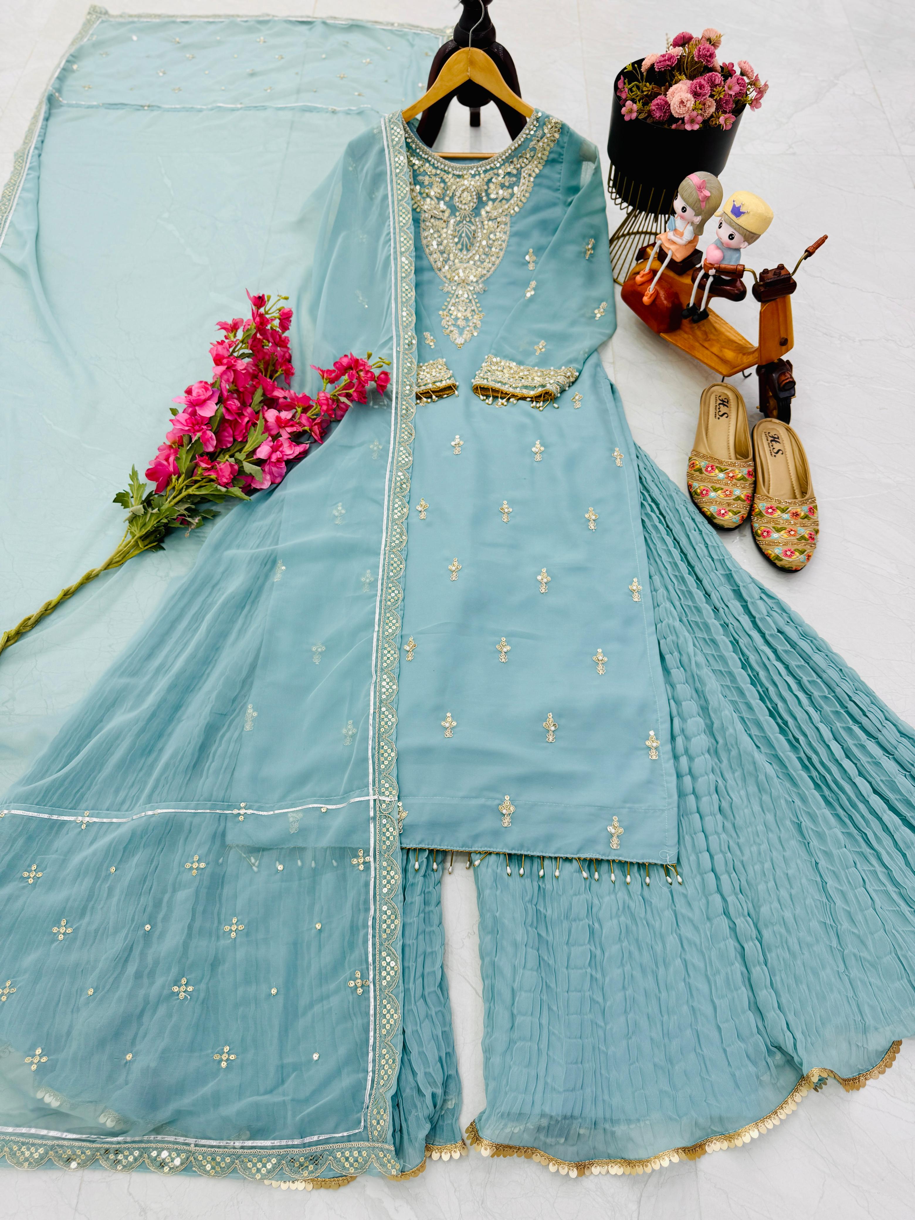 Wonderful Embroidery Work Sky Blue Color Sharara Suit
