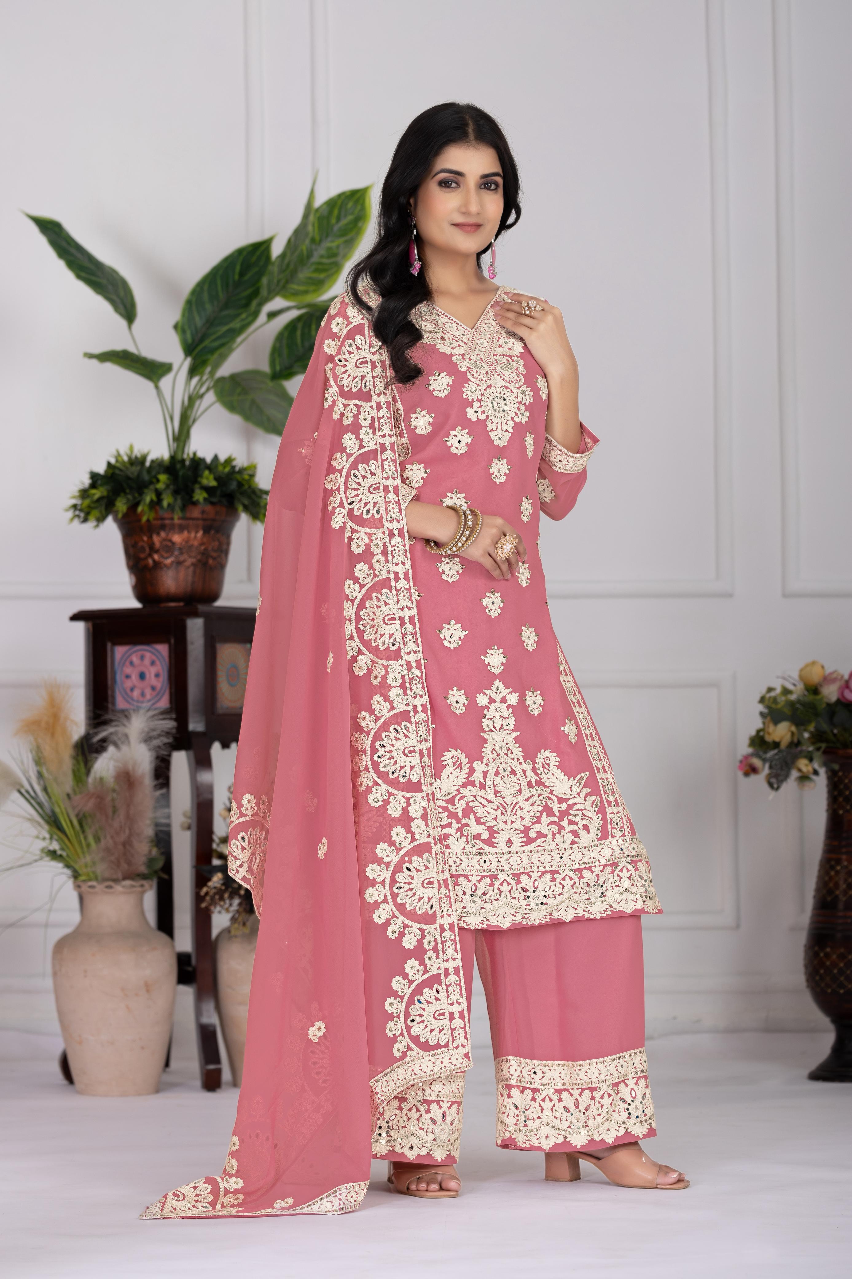 Embroidered Onion Color Attractive Palazzo Suit Set