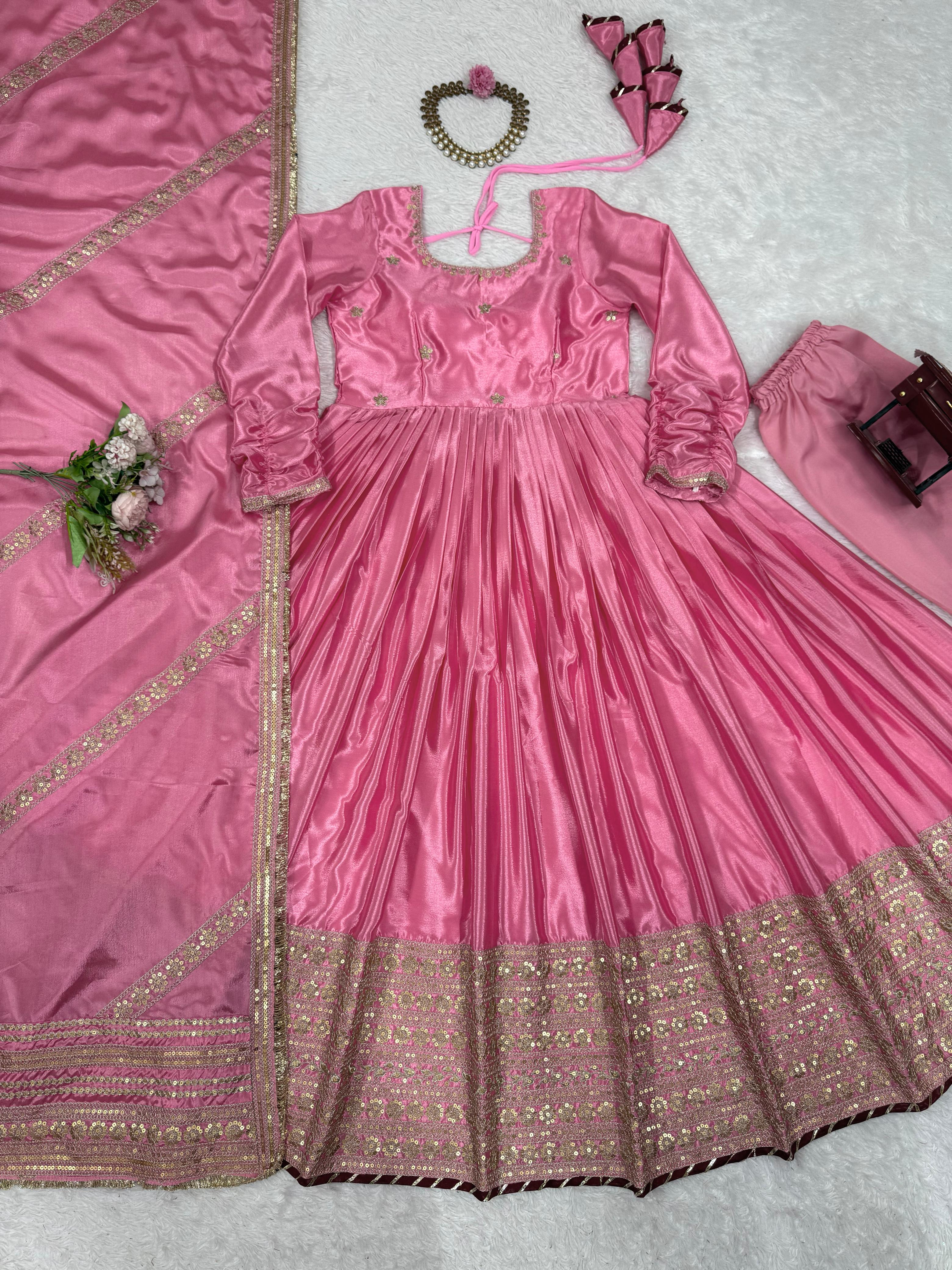 Attractive Sequence Work Pink Color Anarkali Gown